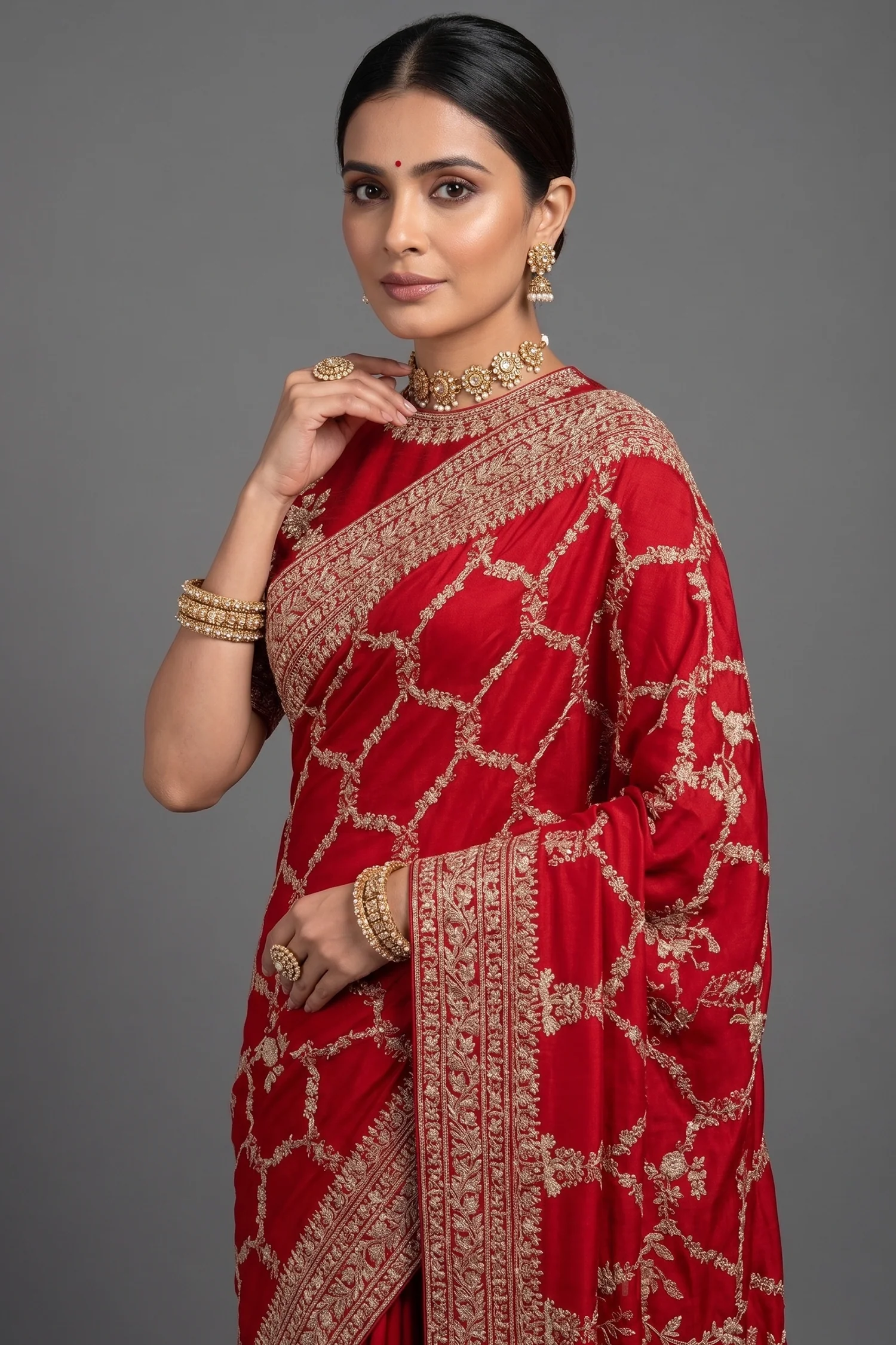 Red Satin Silk Designer Saree with Zardosi and Sequin Work - Image 2