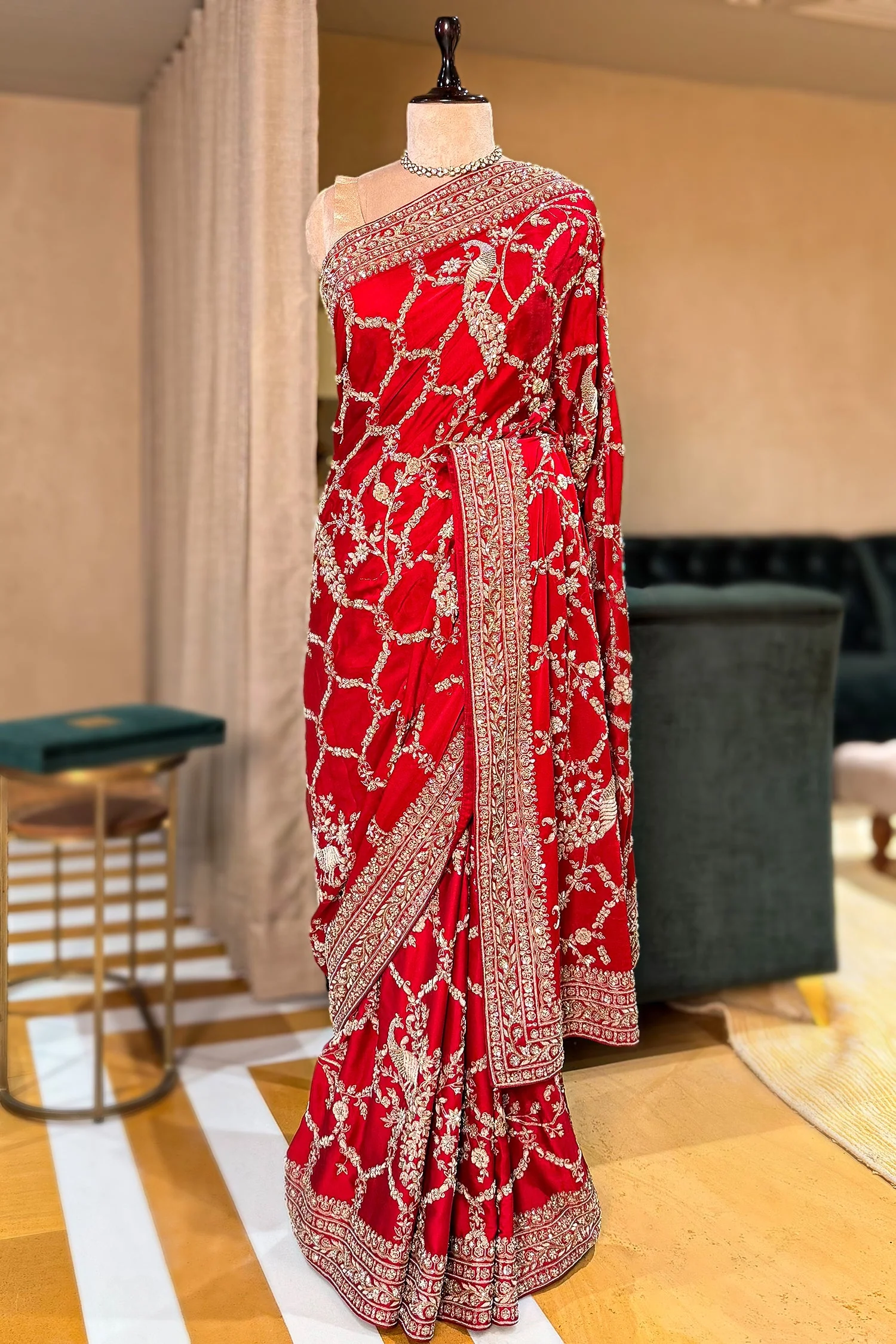 Red Satin Silk Designer Saree with Zardosi and Sequin Work - Image 3