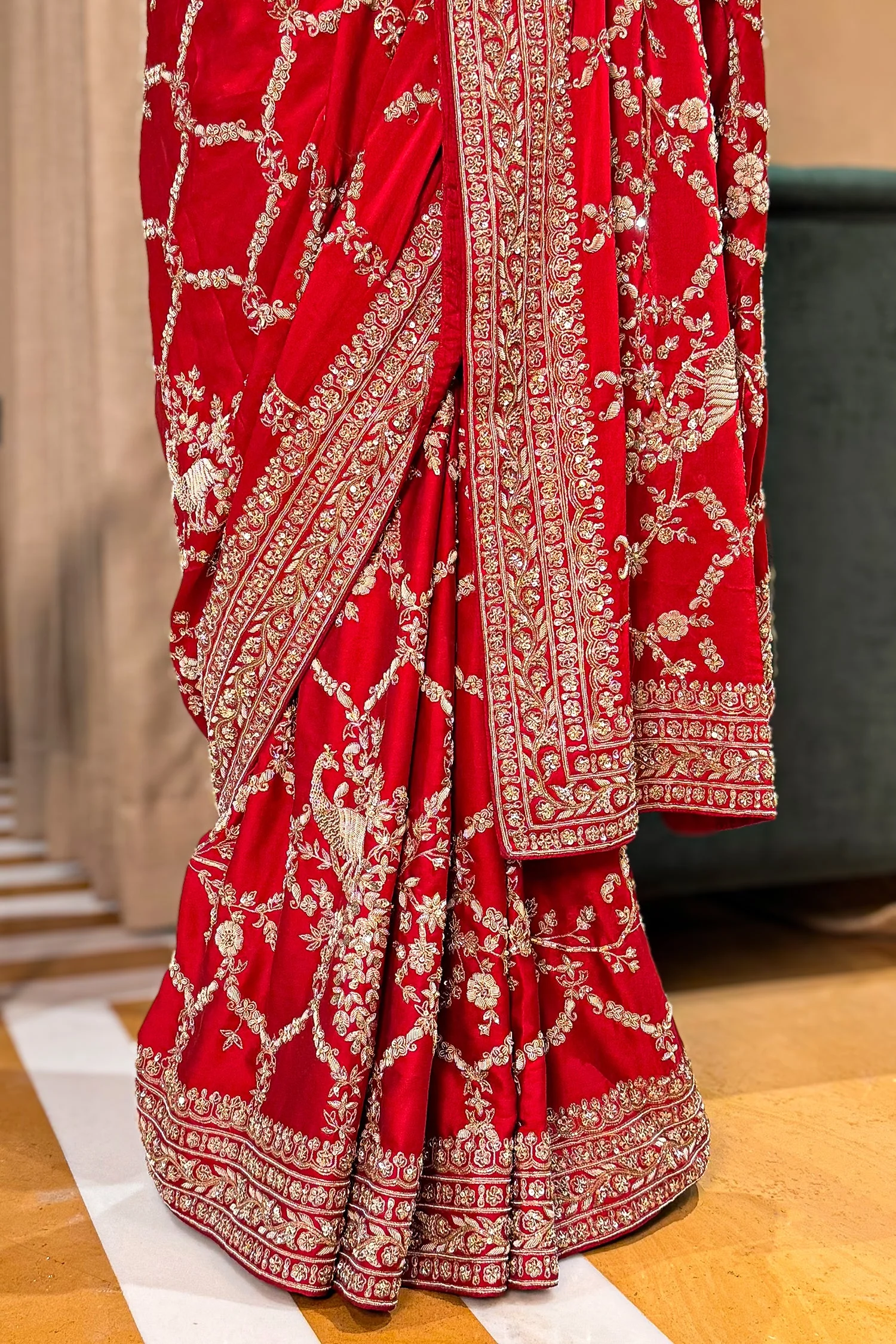 Red Satin Silk Designer Saree with Zardosi and Sequin Work - Image 4