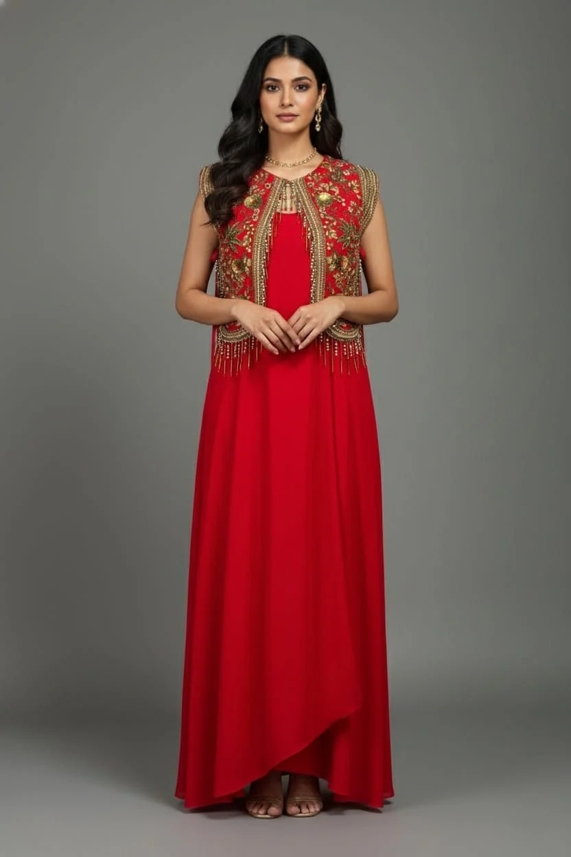 Red Satin Silk Dress with Embellished Jacket