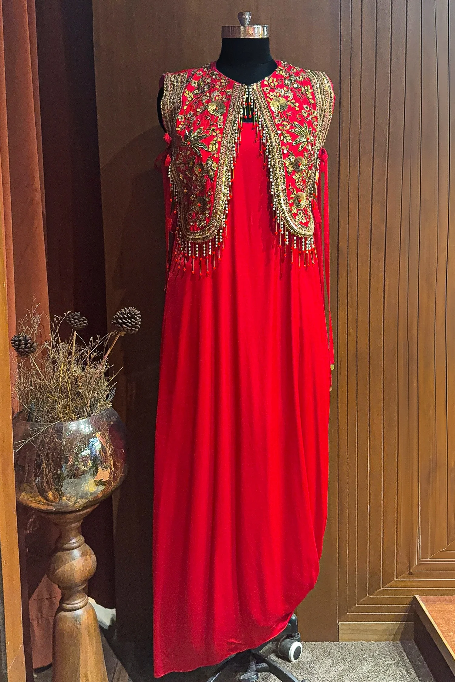 Red Satin Silk Dress with Embellished Jacket - Image 2