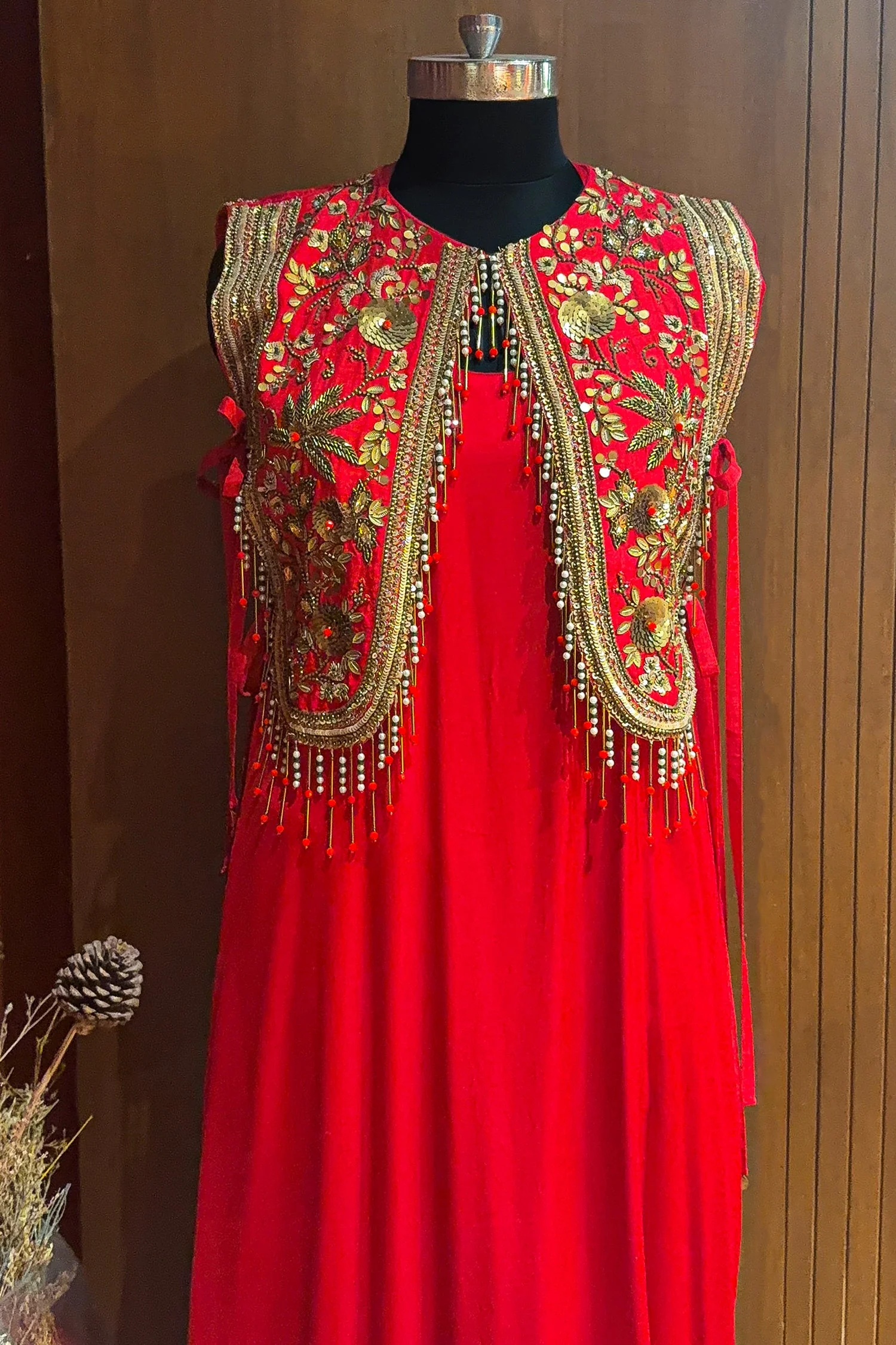 Red Satin Silk Dress with Embellished Jacket - Image 3
