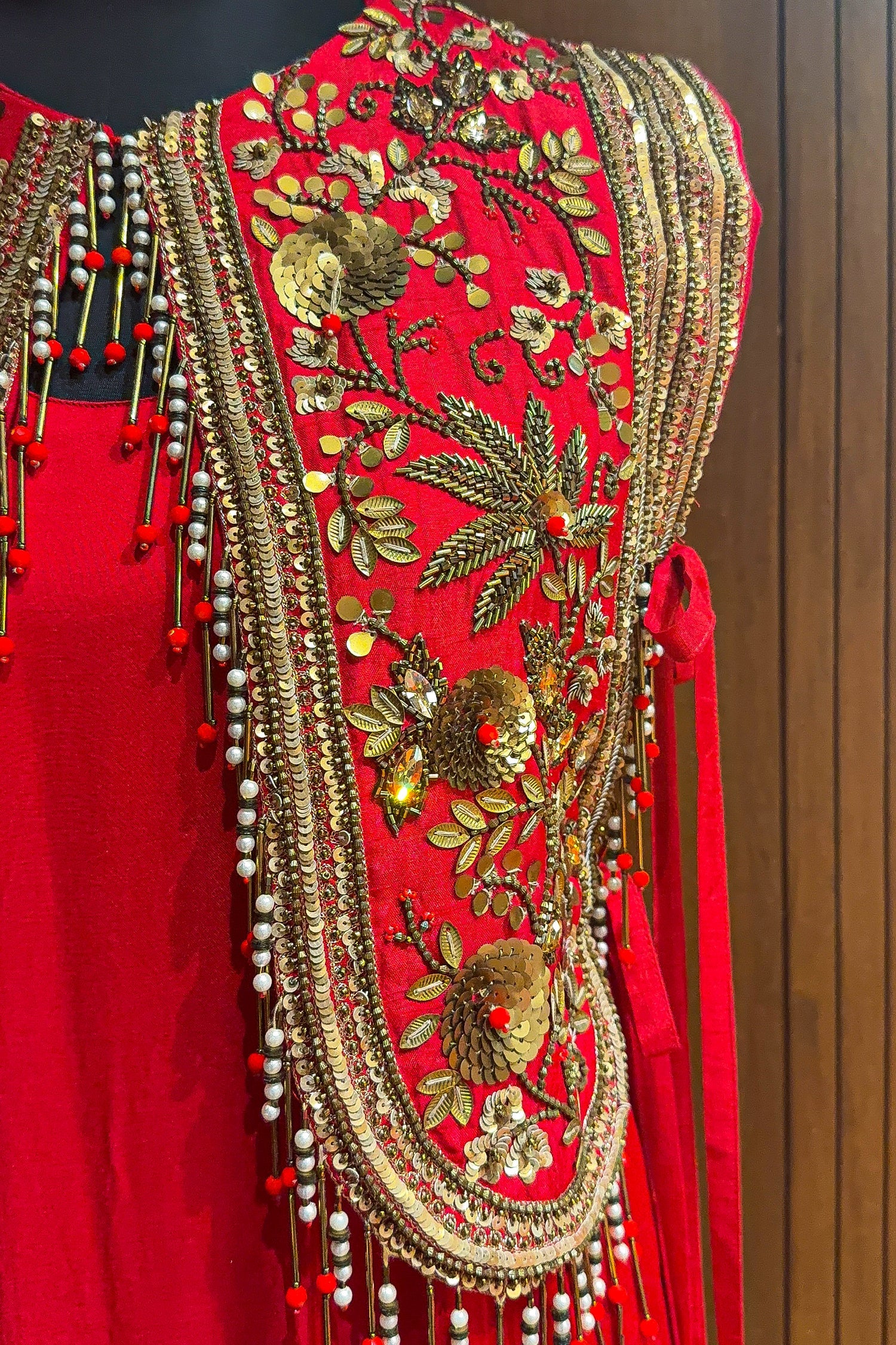 Red Satin Silk Dress with Embellished Jacket - Image 4