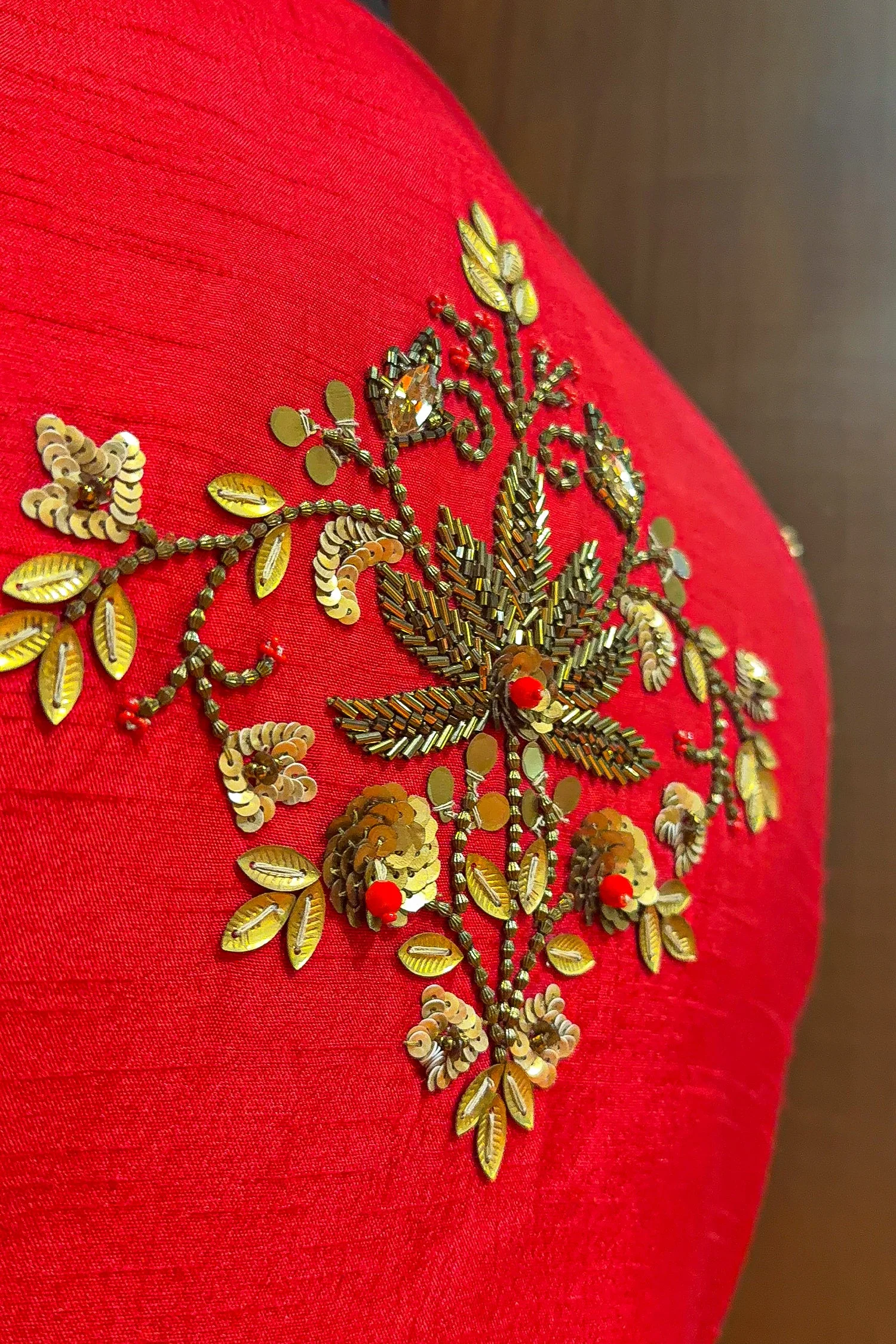 Red Satin Silk Dress with Embellished Jacket - Image 5
