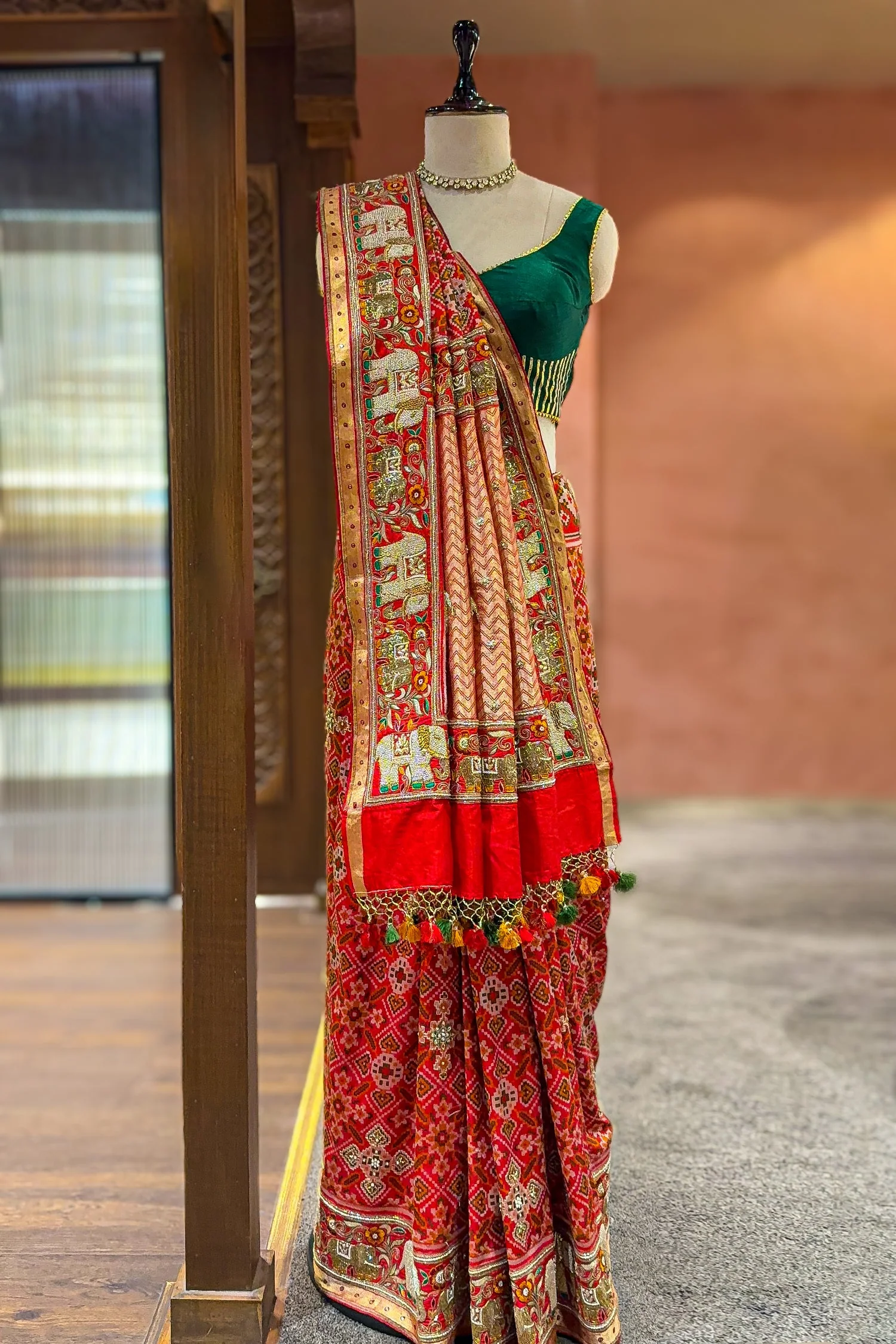 Red Silk Traditional Patola Saree with Handworked Elephant Motif Border - Image 3