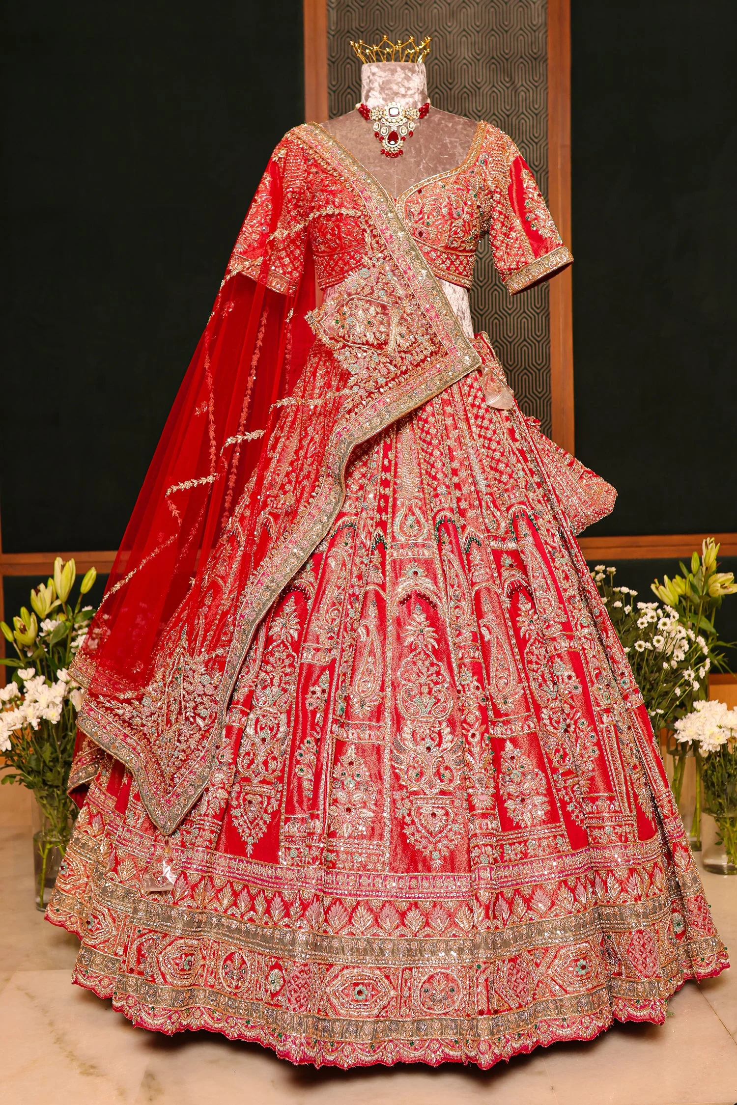 Red Tissue Designer Zardosi and Pearl Worked Lehenga - Image 3