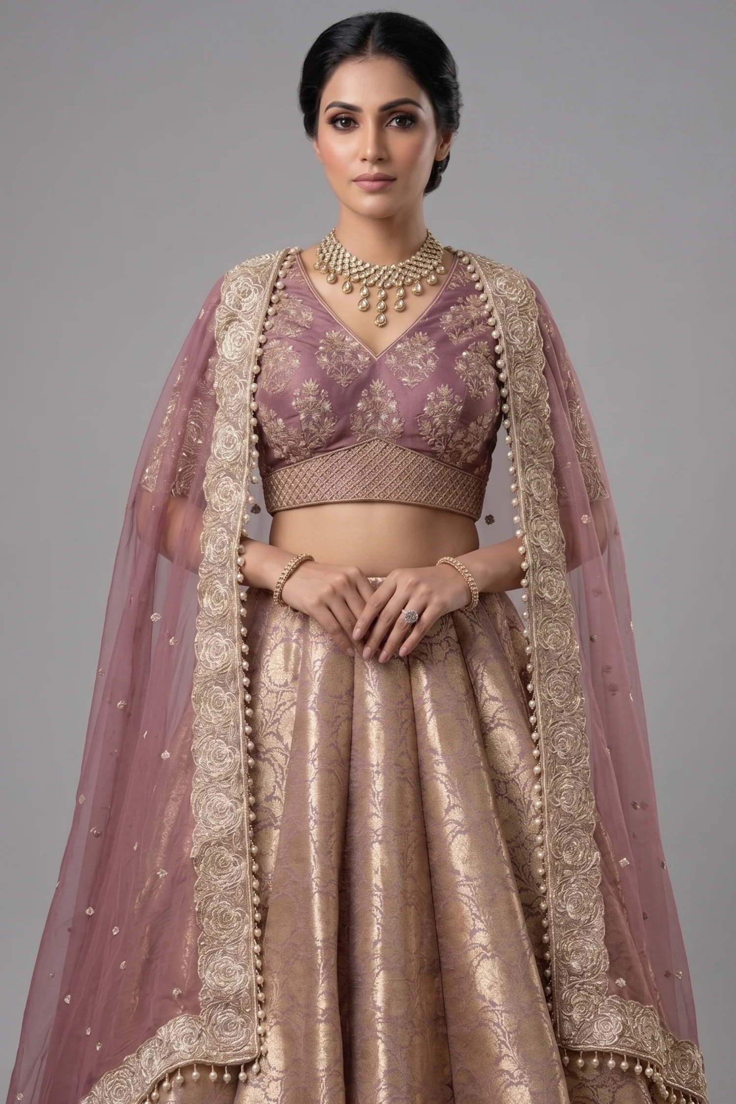 Regal Onion Pink Banarasi Brocade Bridal Lehenga with Hand-Embellished Blouse - Image 2
