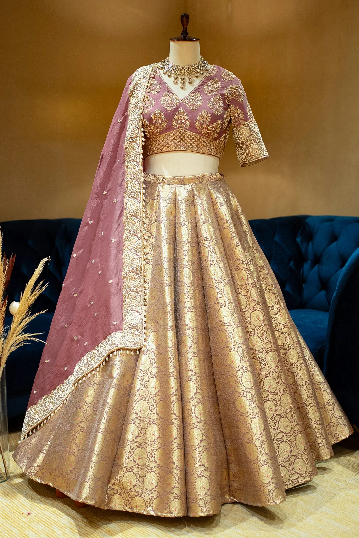 Regal Onion Pink Banarasi Brocade Bridal Lehenga with Hand-Embellished Blouse - Image 3