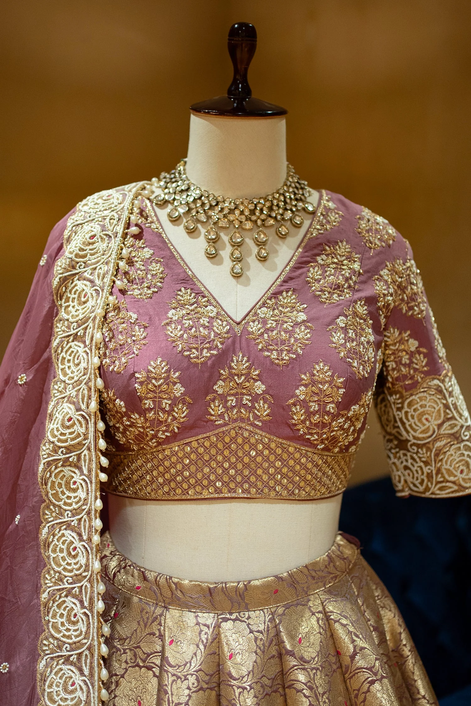 Regal Onion Pink Banarasi Brocade Bridal Lehenga with Hand-Embellished Blouse - Image 4