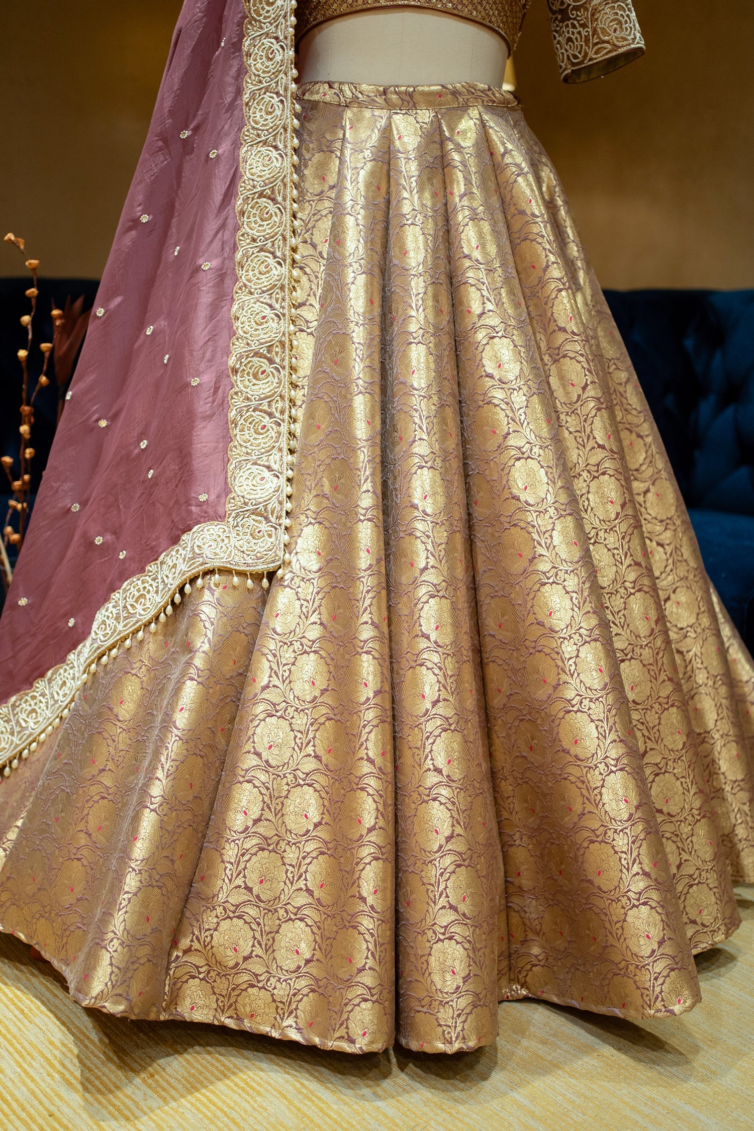 Regal Onion Pink Banarasi Brocade Bridal Lehenga with Hand-Embellished Blouse - Image 5