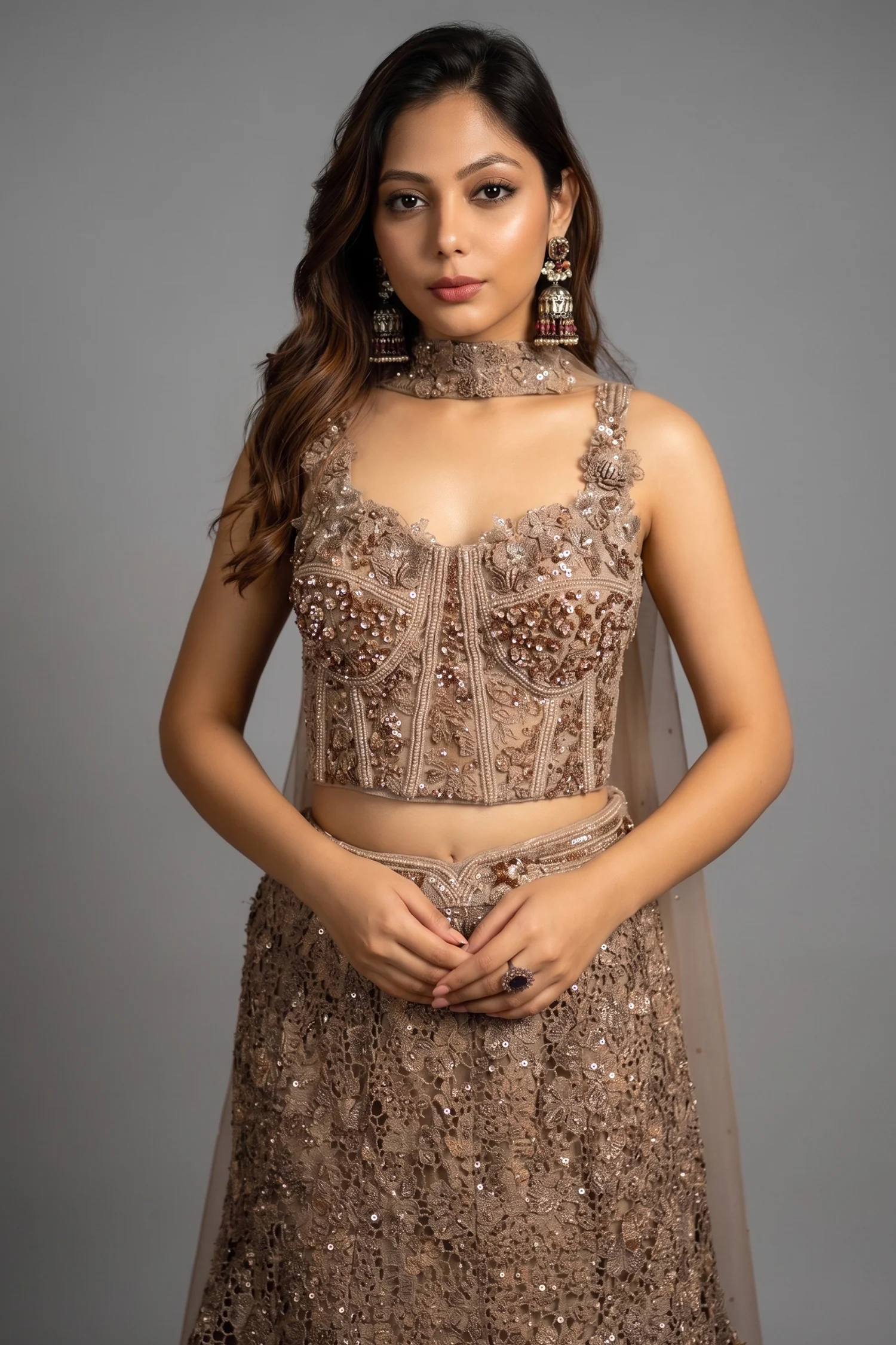 Rose Gold Net Sequinned Fish Cut Lehenga with Corset Blouse - Image 2