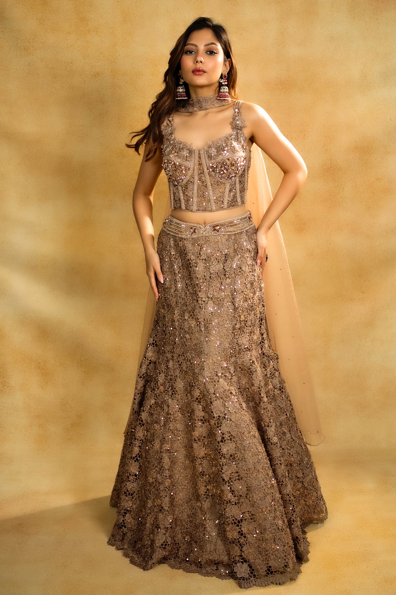 Rose Gold Net Sequinned Fish Cut Lehenga with Corset Blouse - Image 3