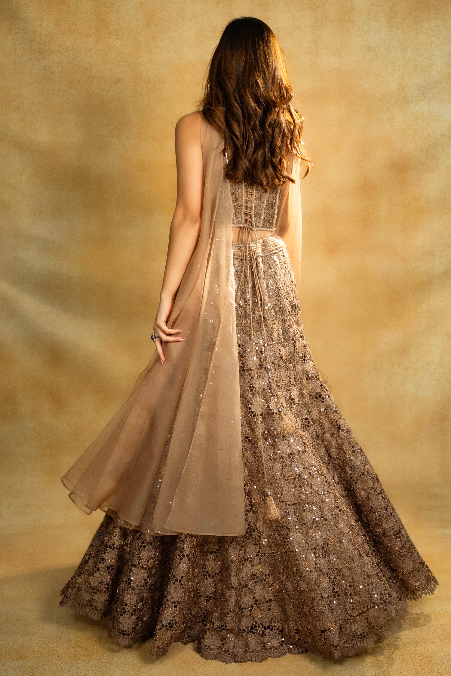 Rose Gold Net Sequinned Fish Cut Lehenga with Corset Blouse - Image 4