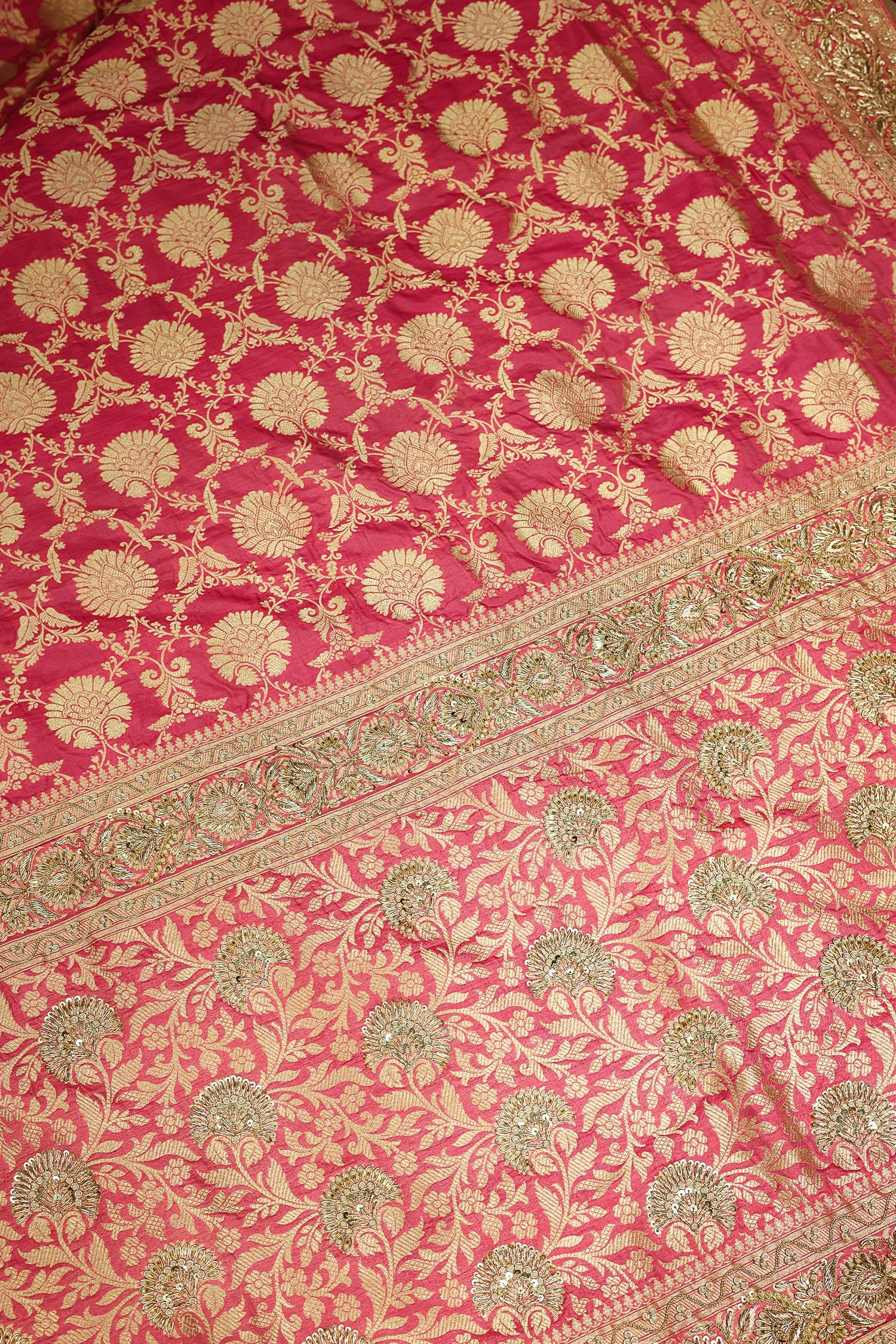Rose Pink Banarasi Silk Traditional Floral Woven Saree with Beads and Zardosi Work - Image 6