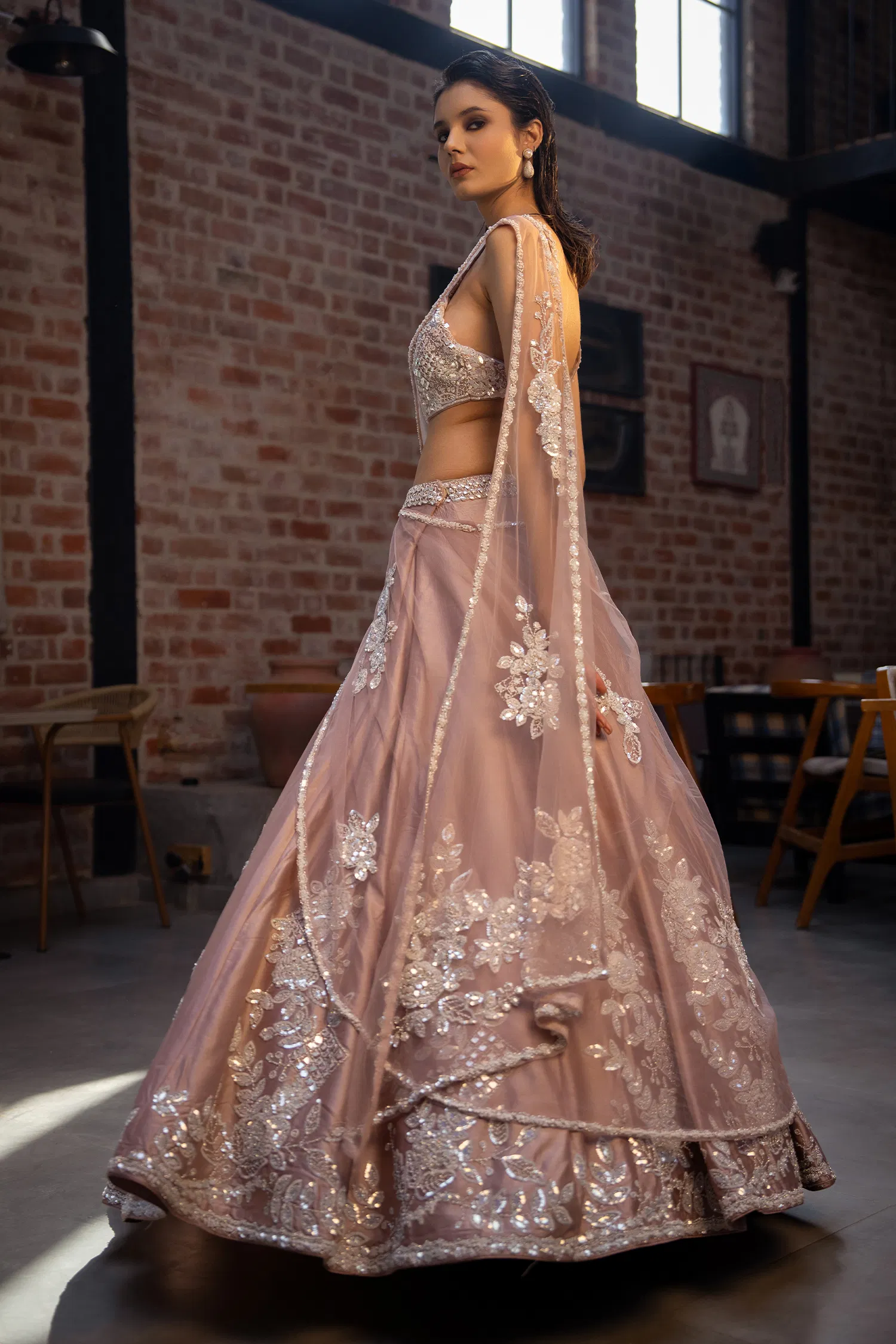 Rose Pink Silk Designer Lehenga with Sequin Work - Image 3
