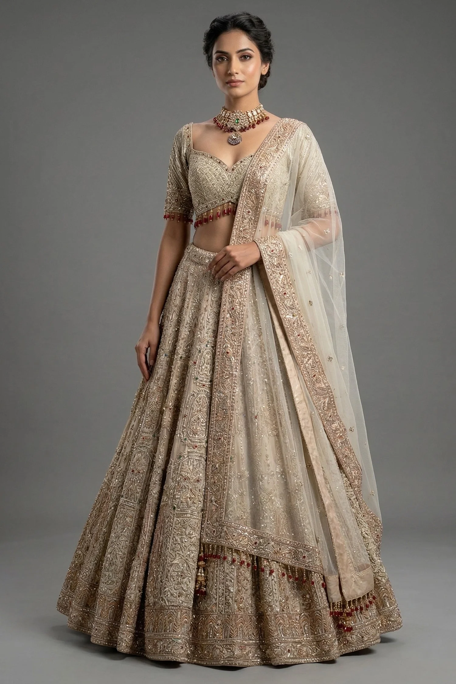 Royal Beige Net Bridal Lehenga with Luminescent Stone-Craft and Ethereal White Veil
