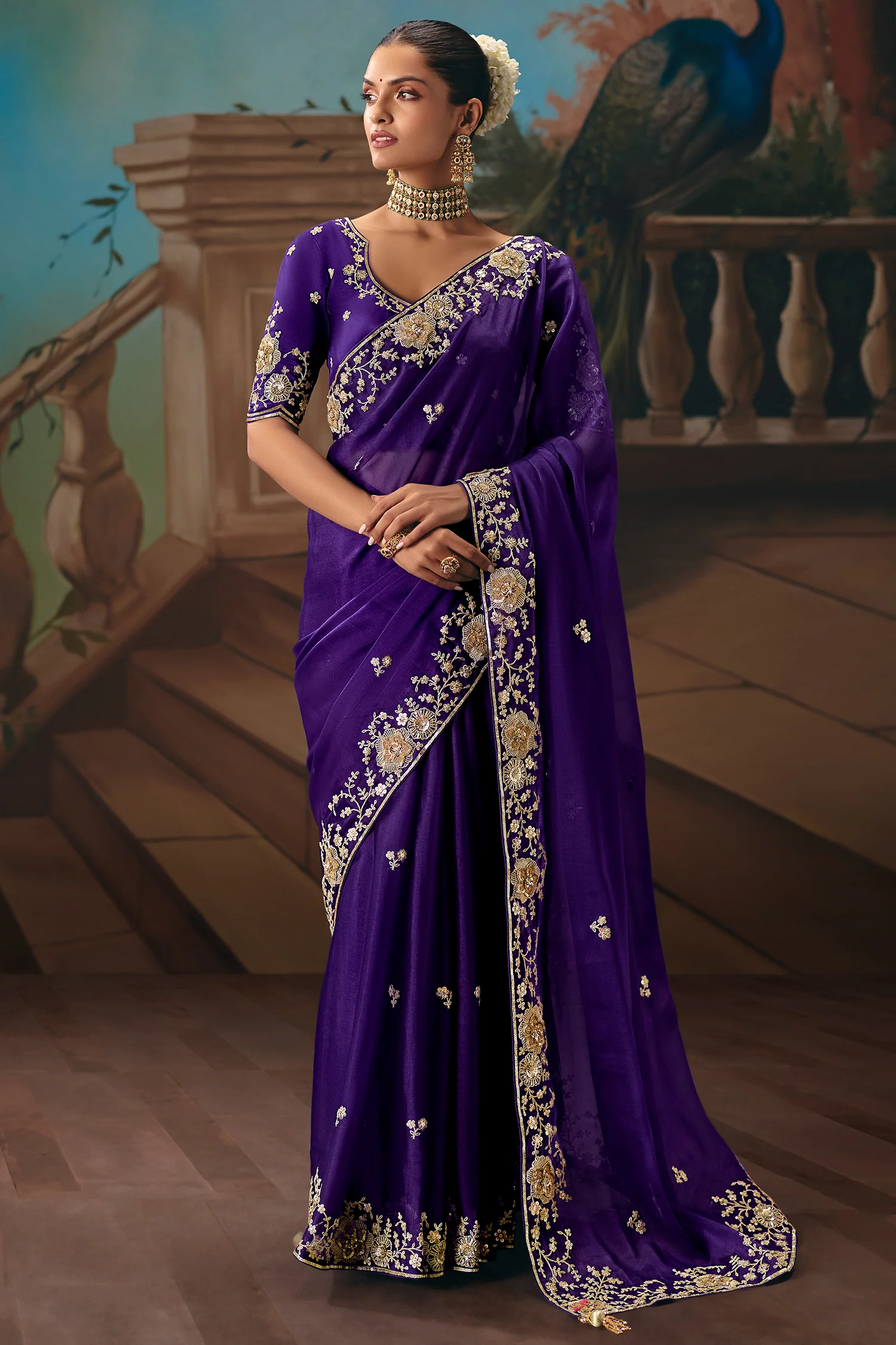 Royal Purple Viscose Chiffon Saree With All Over Embroidery In Zari And Sequins - Image 3