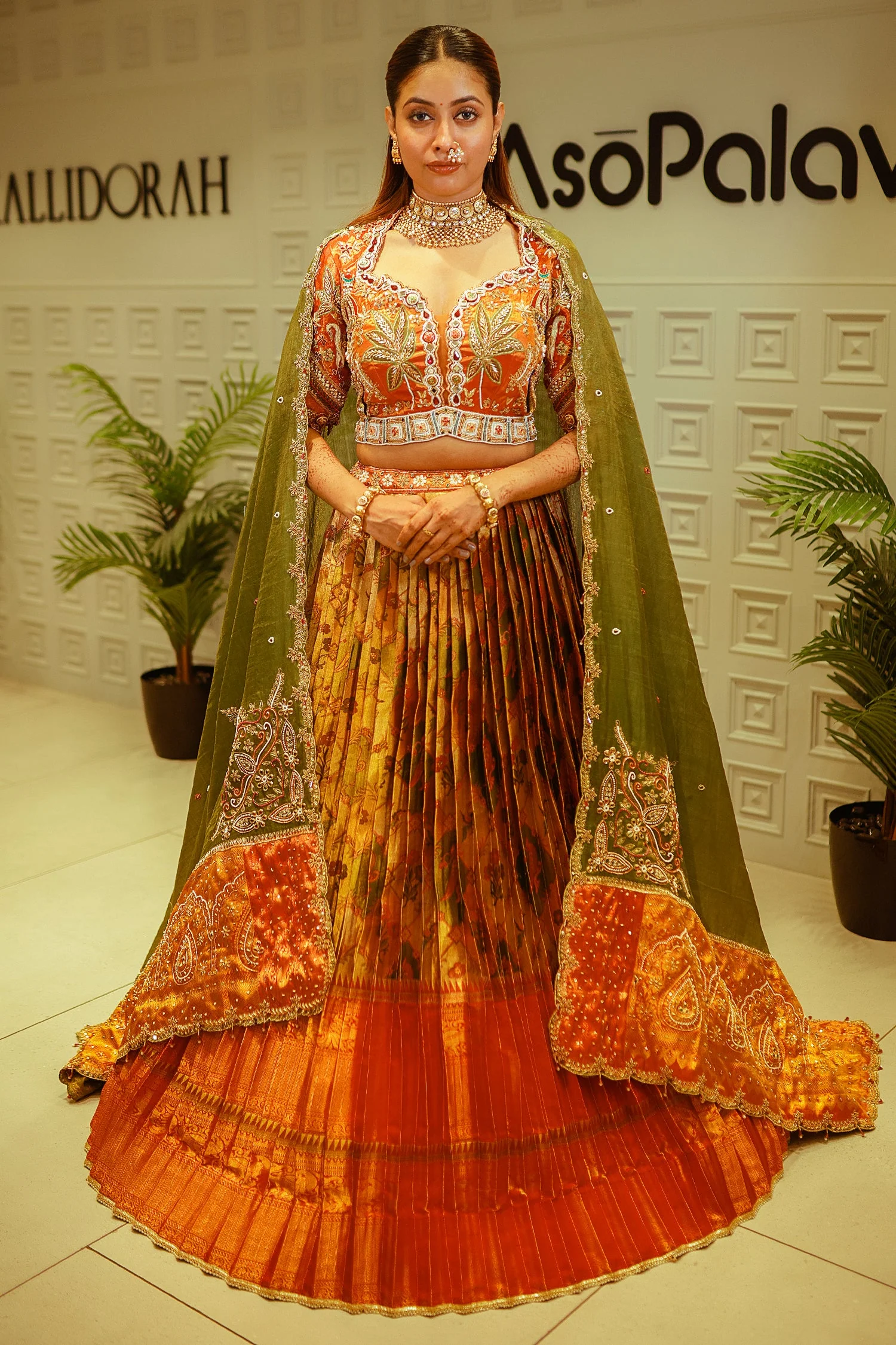 Rust Orange and Golden Tissue Silk Traditional Lehenga with Handworked Blouse - Image 2