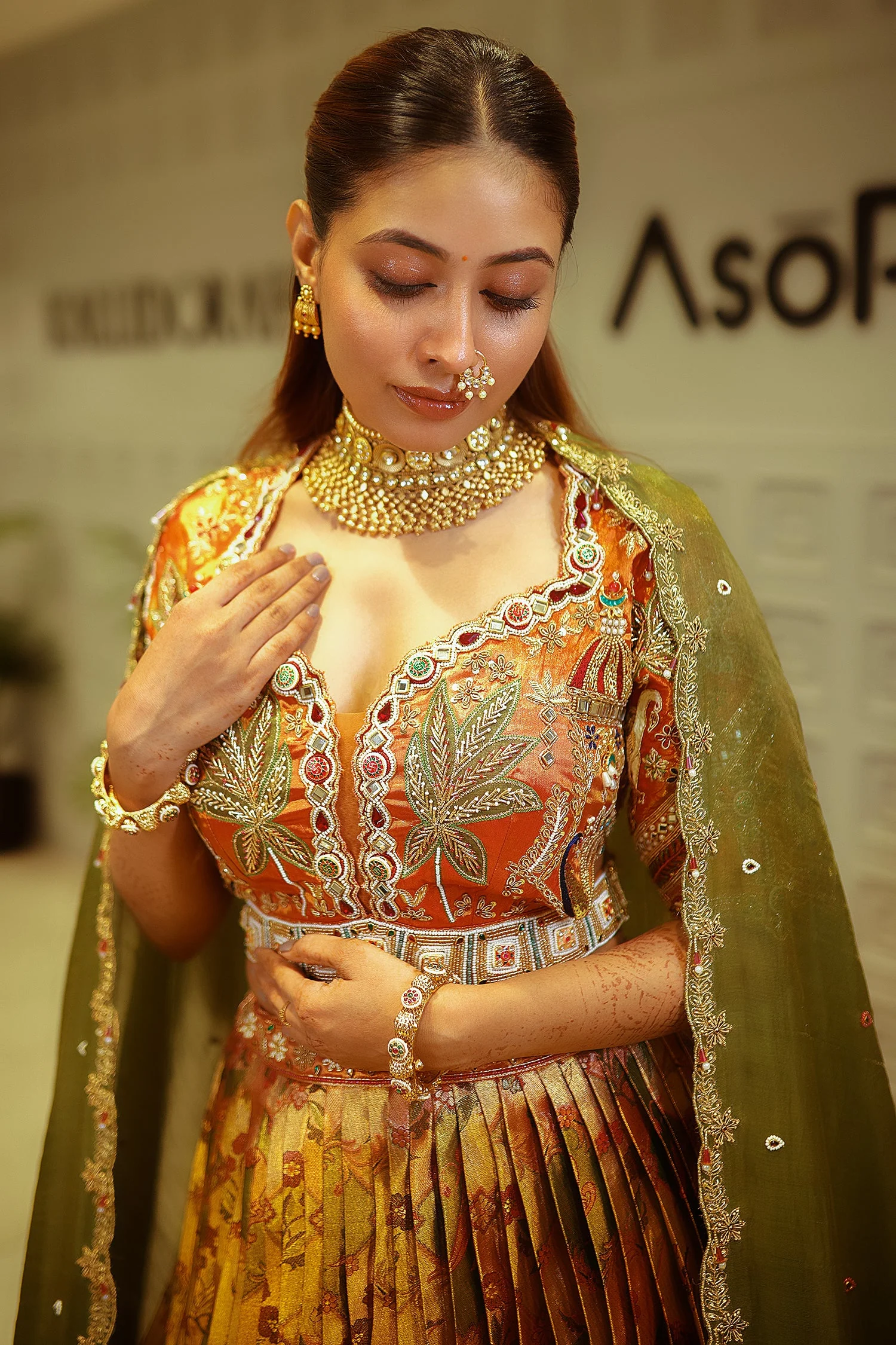 Rust Orange and Golden Tissue Silk Traditional Lehenga with Handworked Blouse - Image 3