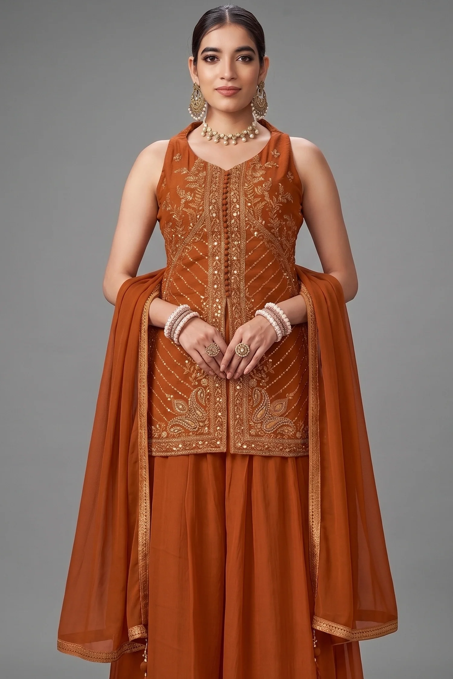 Rust Orange Woven Art Silk Palazzo Suit with Sequin Cutdana Work - Image 2