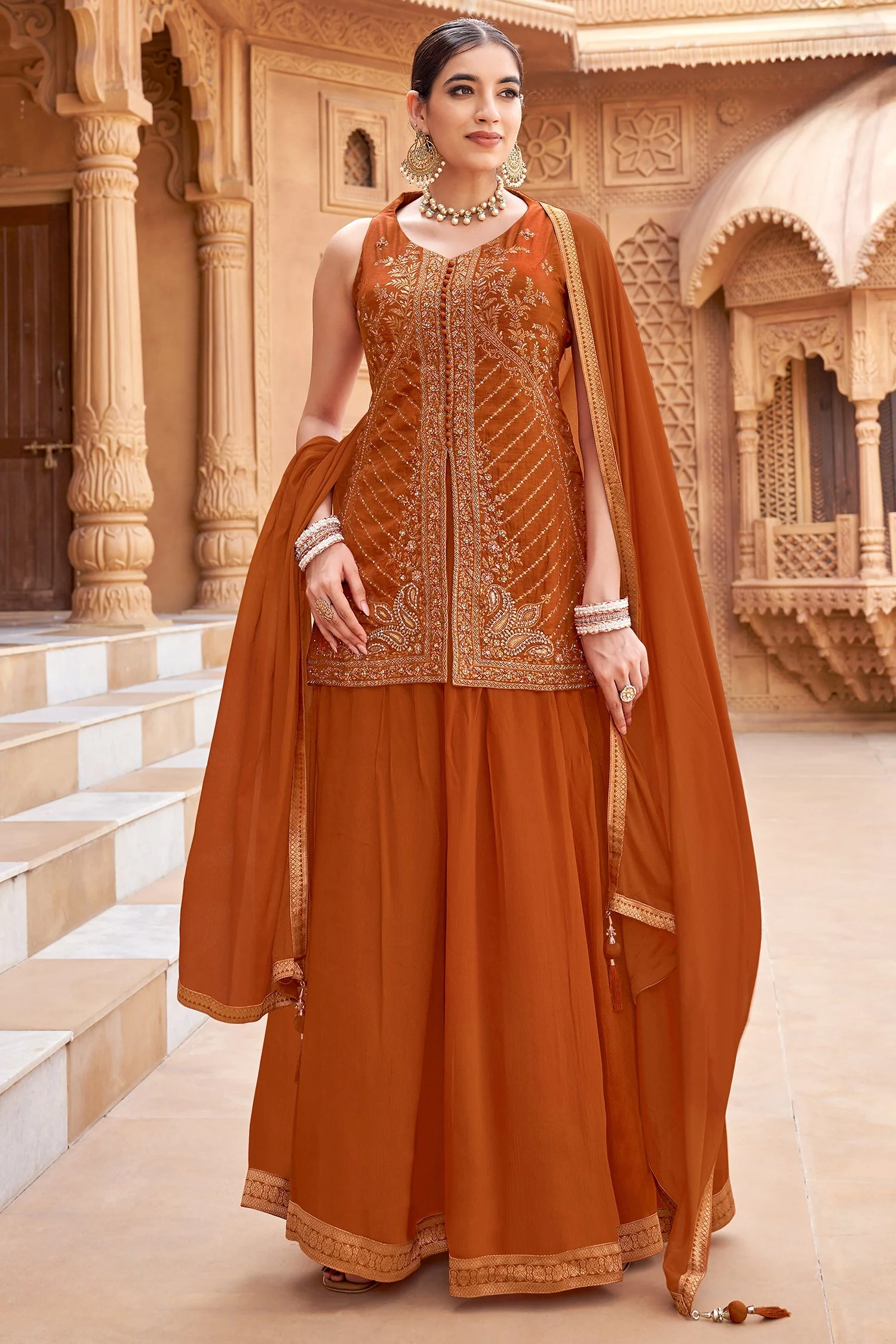 Rust Orange Woven Art Silk Palazzo Suit with Sequin Cutdana Work - Image 3