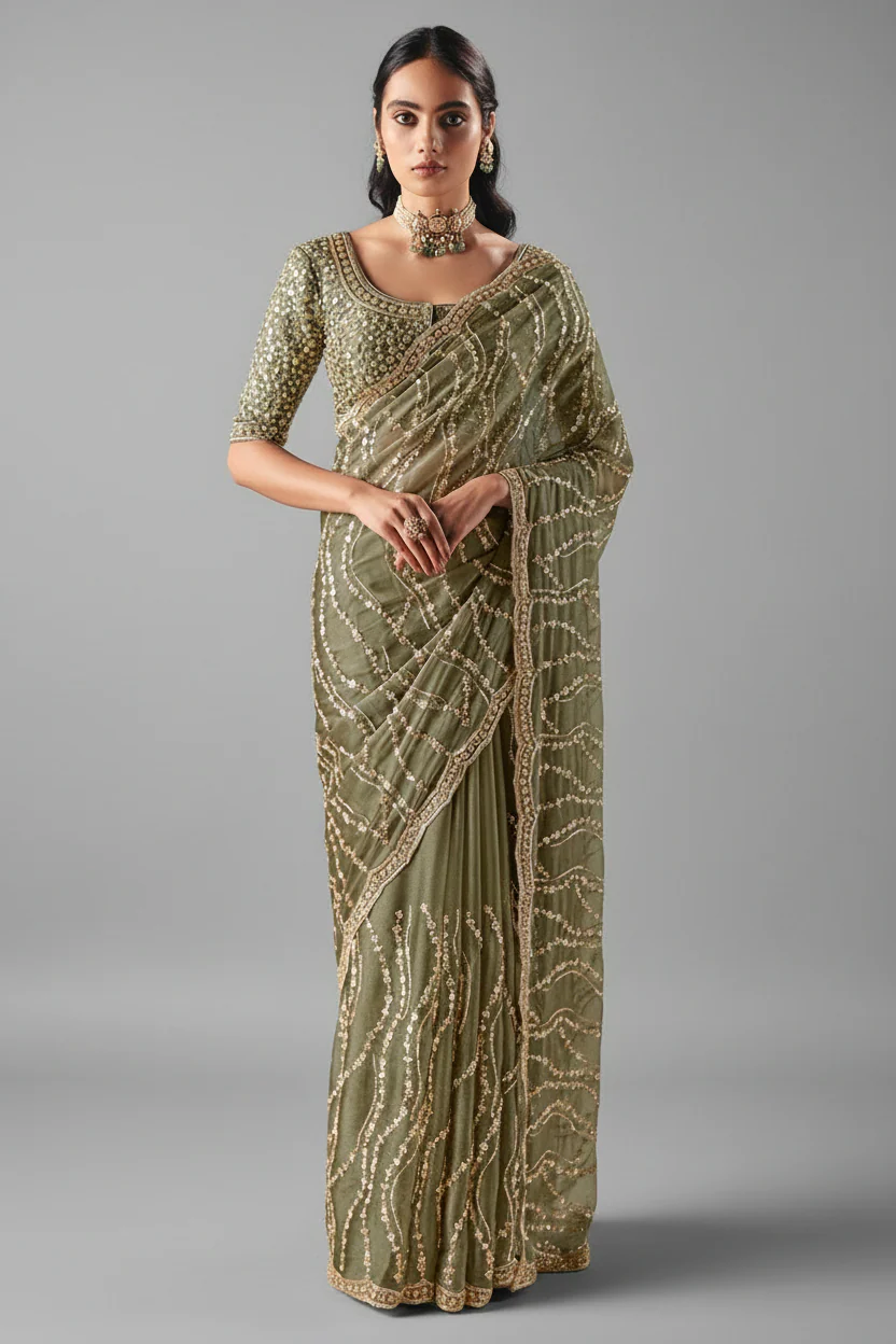 Sage Green Organza Saree with Sequin Beaded Motif
