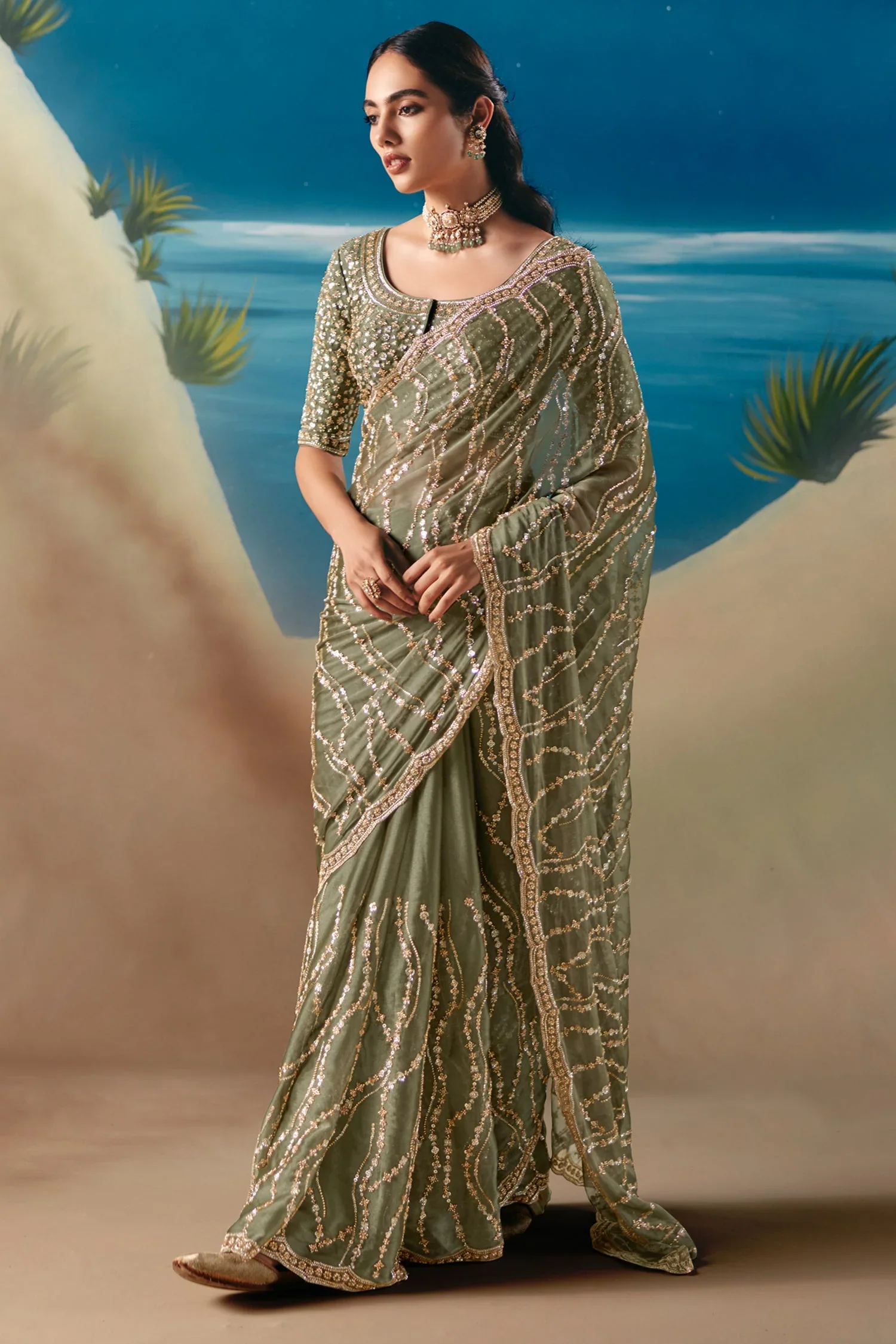 Sage Green Organza Saree with Sequin Beaded Motif - Image 2