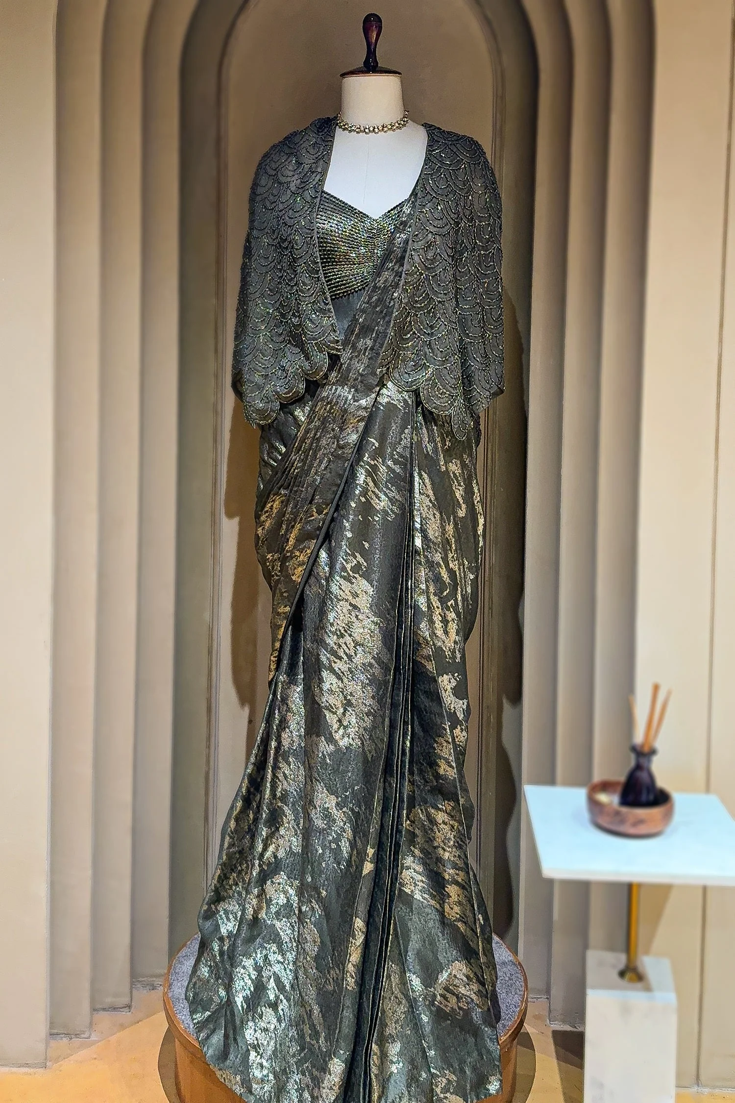 Sage Green Sequin and Beaded Pre Draped Dress with Jacket - Image 2