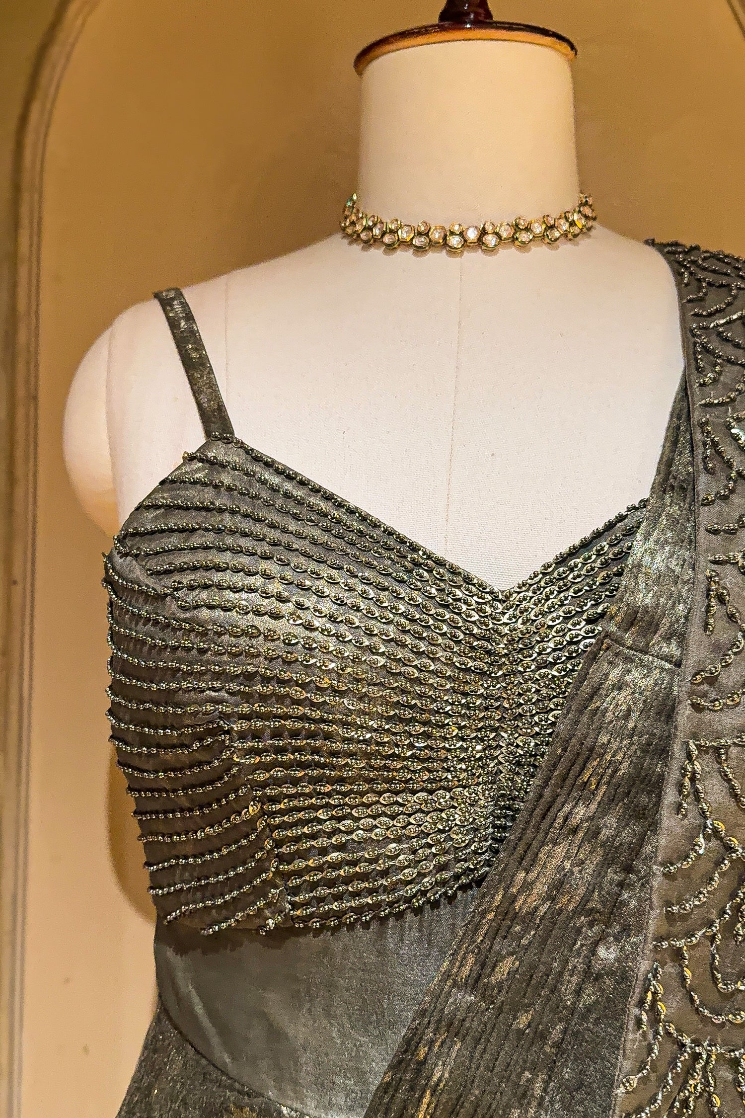 Sage Green Sequin and Beaded Pre Draped Dress with Jacket - Image 3