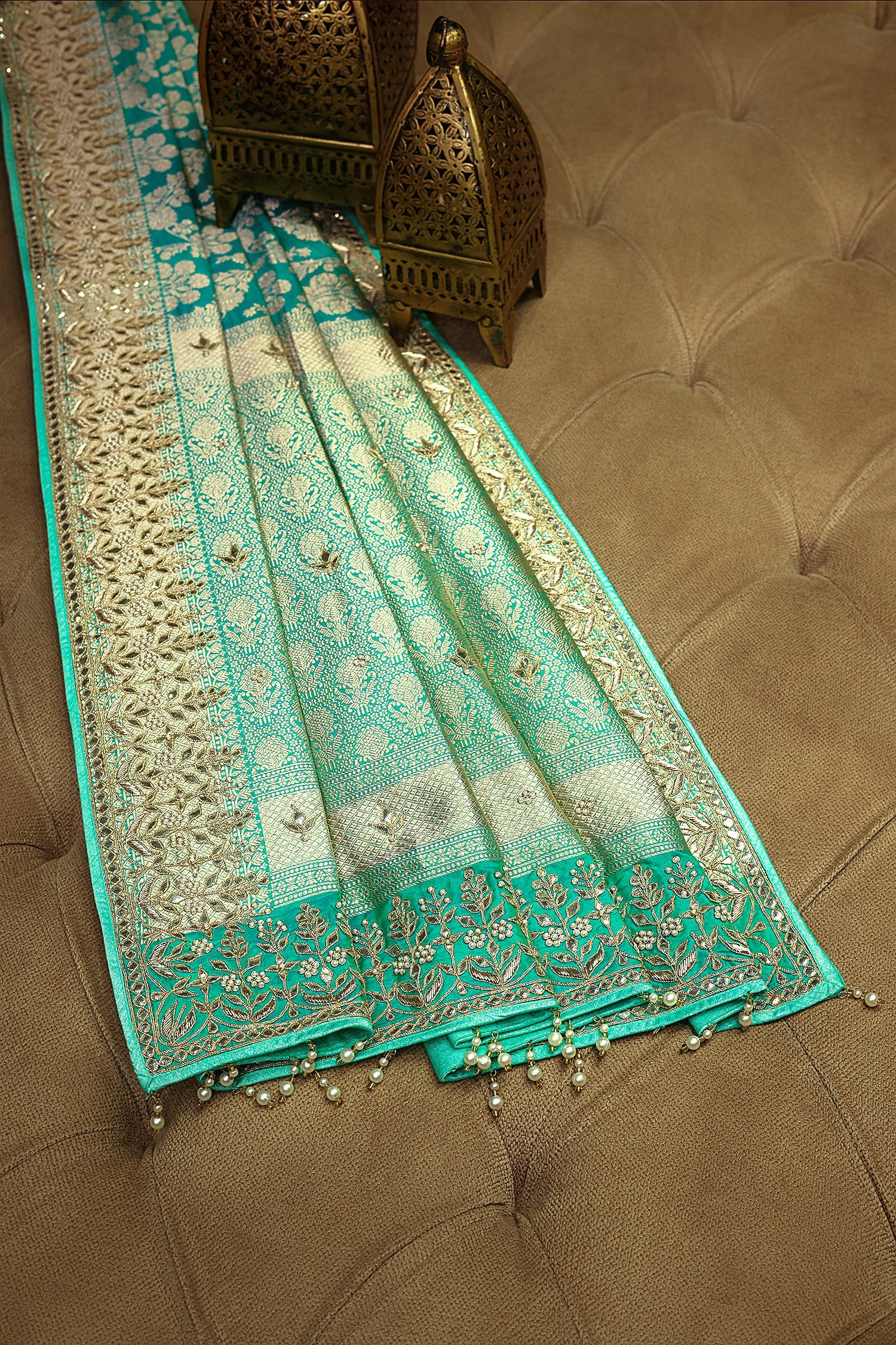 Sea Green Banarasi Silk Traditional Floral Woven Saree with Gota Beads Work - Image 3