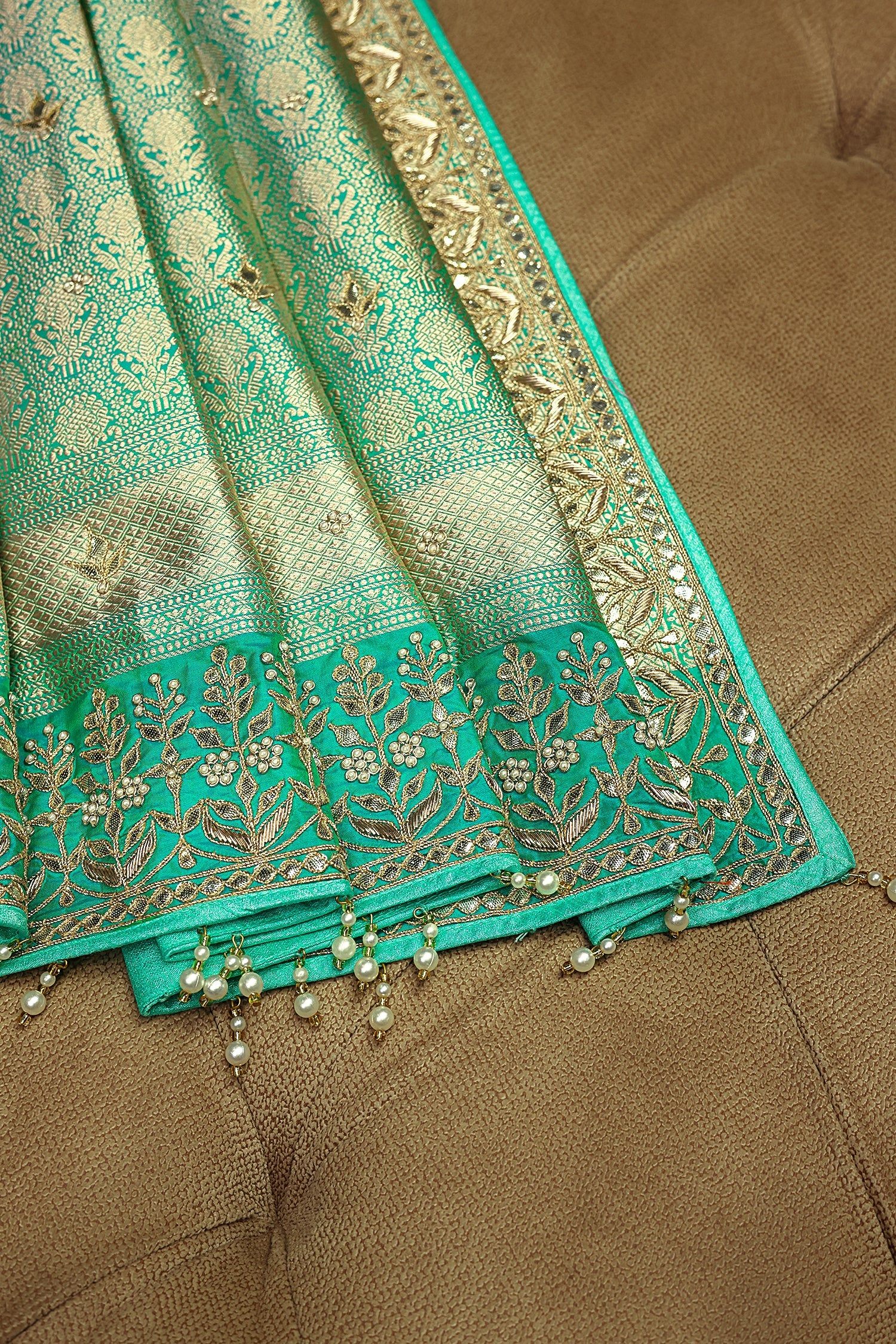 Sea Green Banarasi Silk Traditional Floral Woven Saree with Gota Beads Work - Image 4