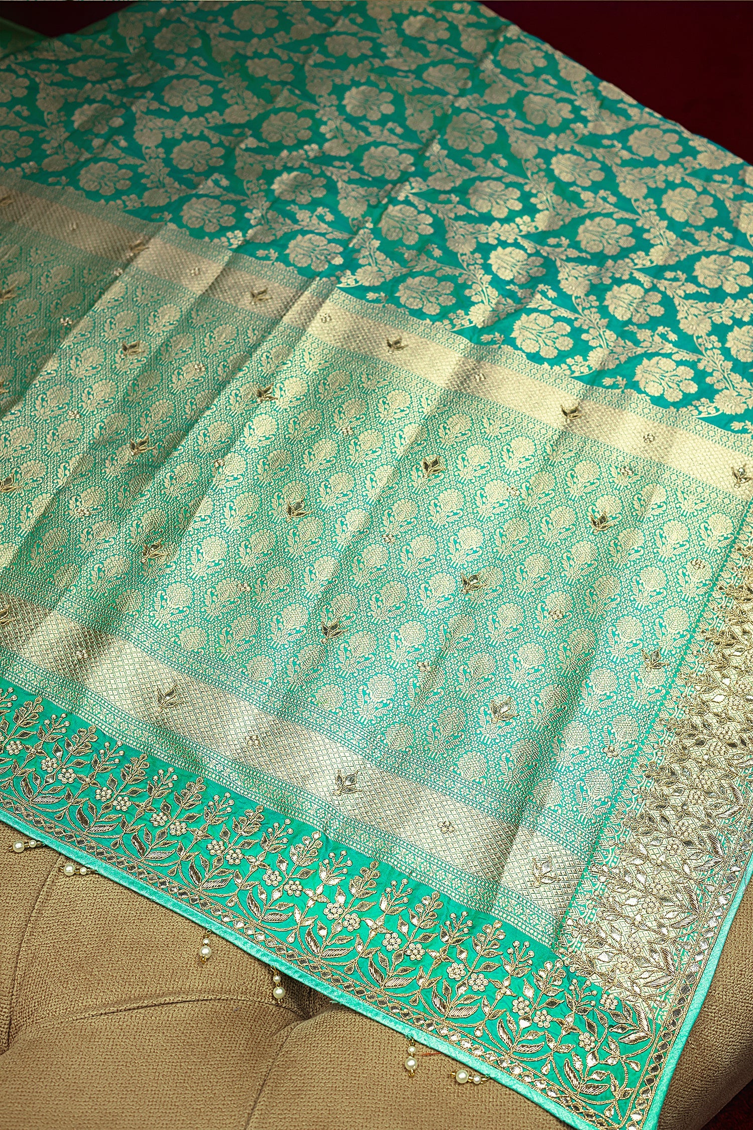 Sea Green Banarasi Silk Traditional Floral Woven Saree with Gota Beads Work - Image 5