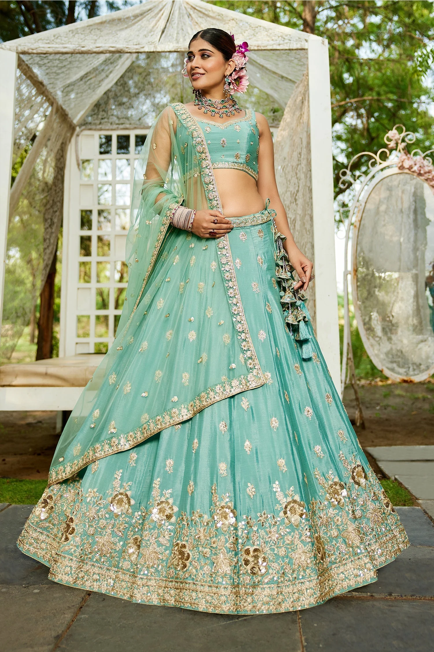 Sea Green Chinon Chiffon Sequins Embroidery Lehenga - Image 3