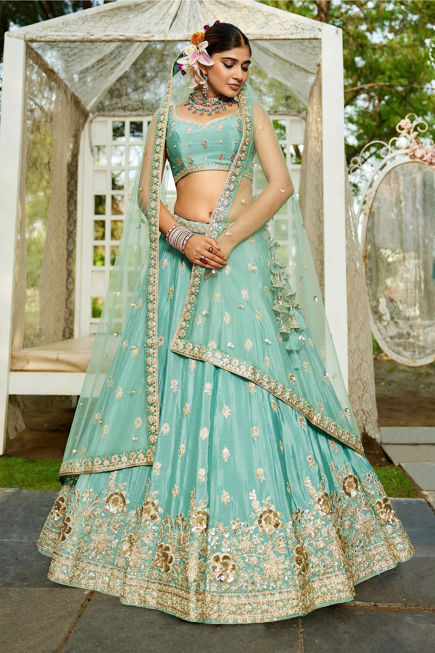 Sea Green Chinon Chiffon Sequins Embroidery Lehenga - Image 4