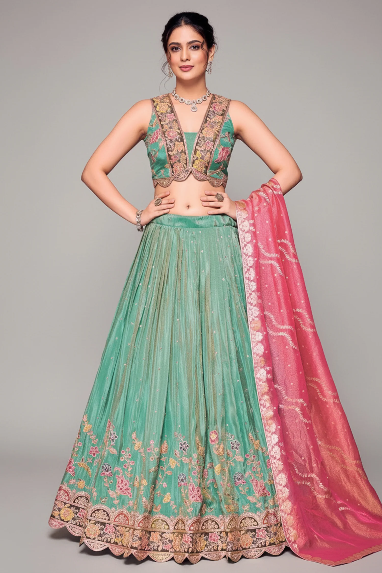 Sea Green Chinon Floral Printed Lehenga with Sequin Work