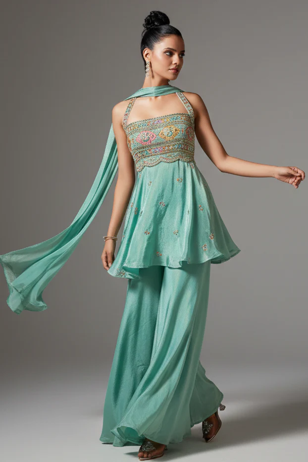 Sea Green Crepe Tissue Silk Halter Neck Embroidered Palazzo Suit