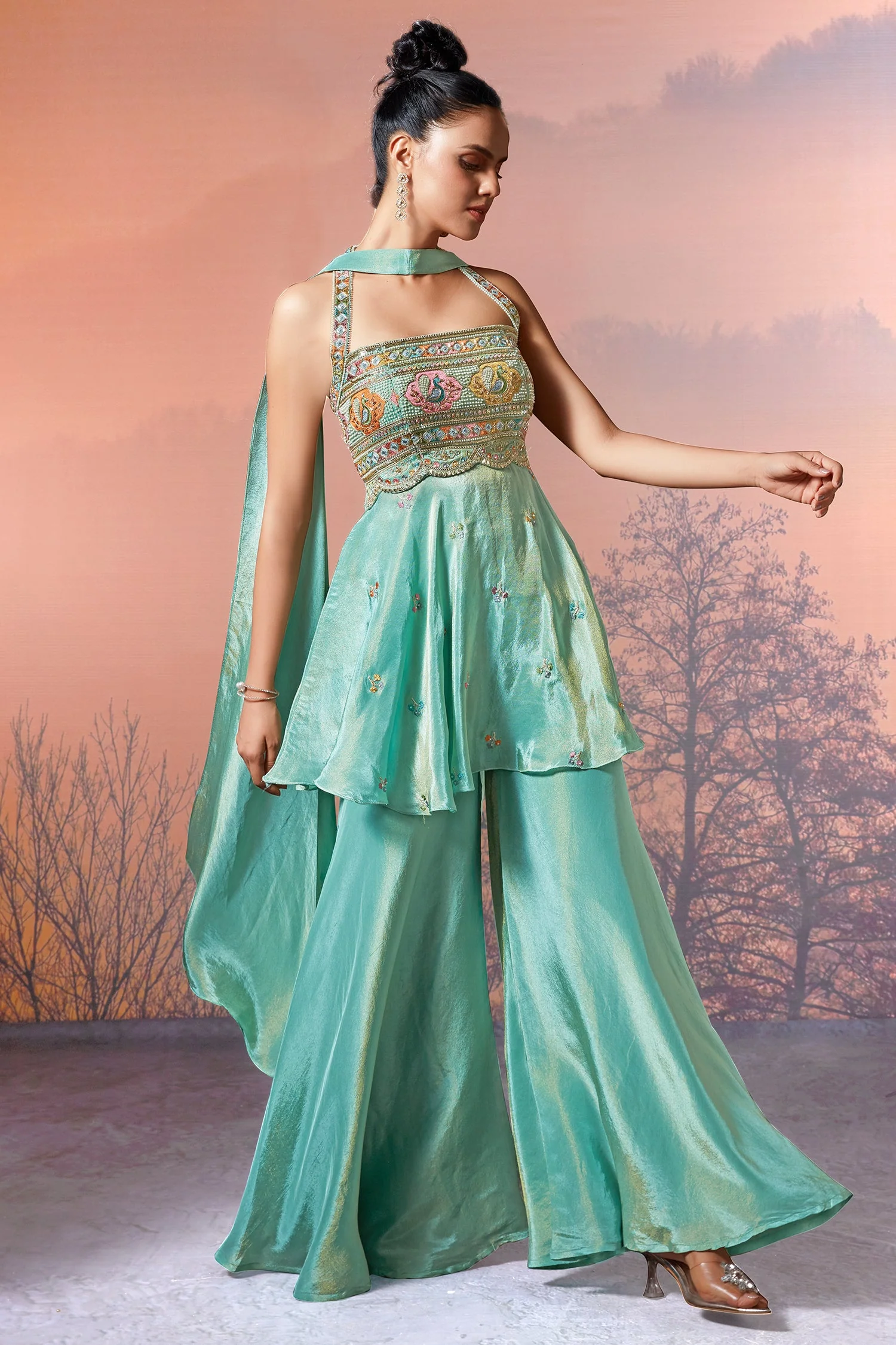 Sea Green Crepe Tissue Silk Halter Neck Embroidered Palazzo Suit - Image 2