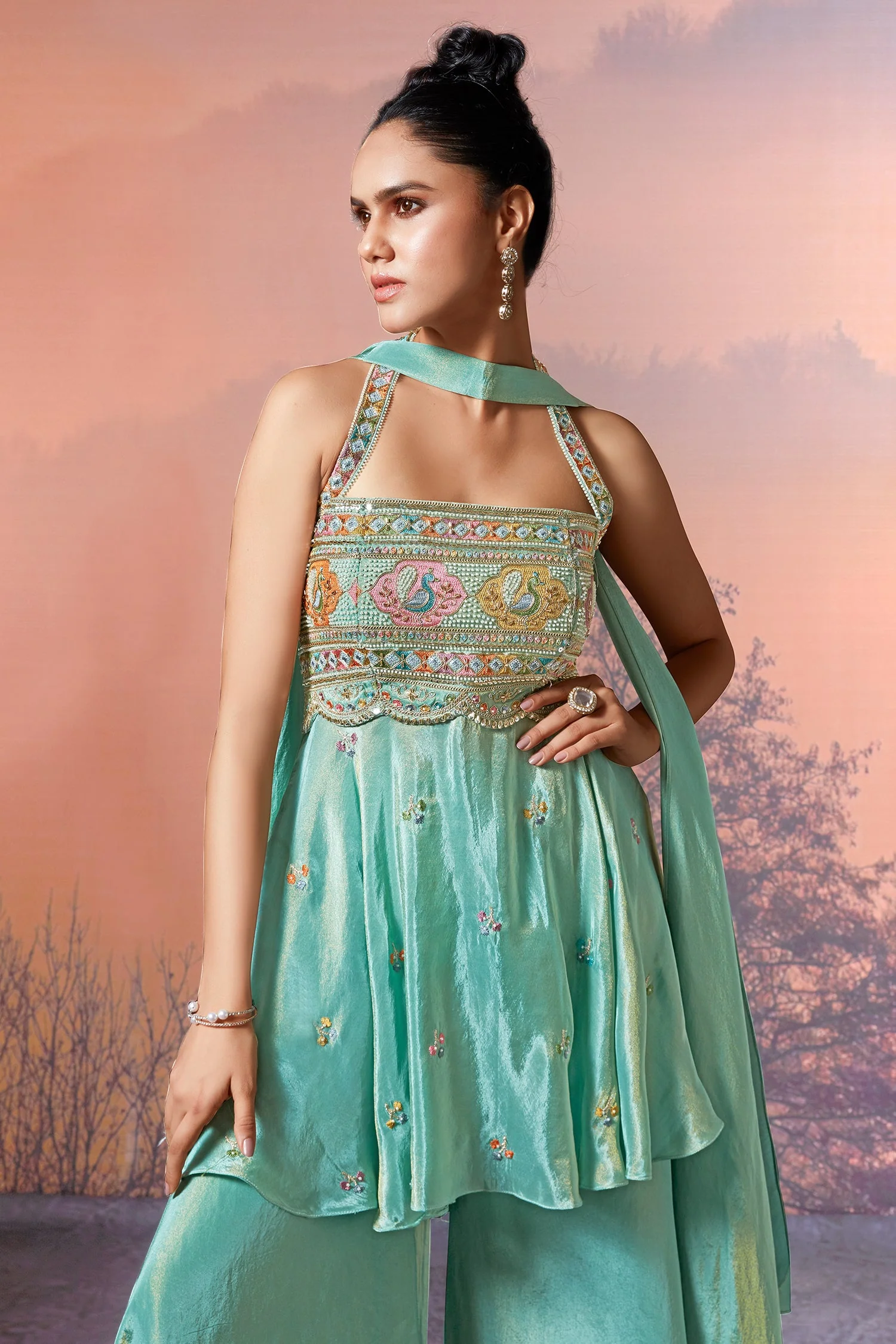 Sea Green Crepe Tissue Silk Halter Neck Embroidered Palazzo Suit - Image 3