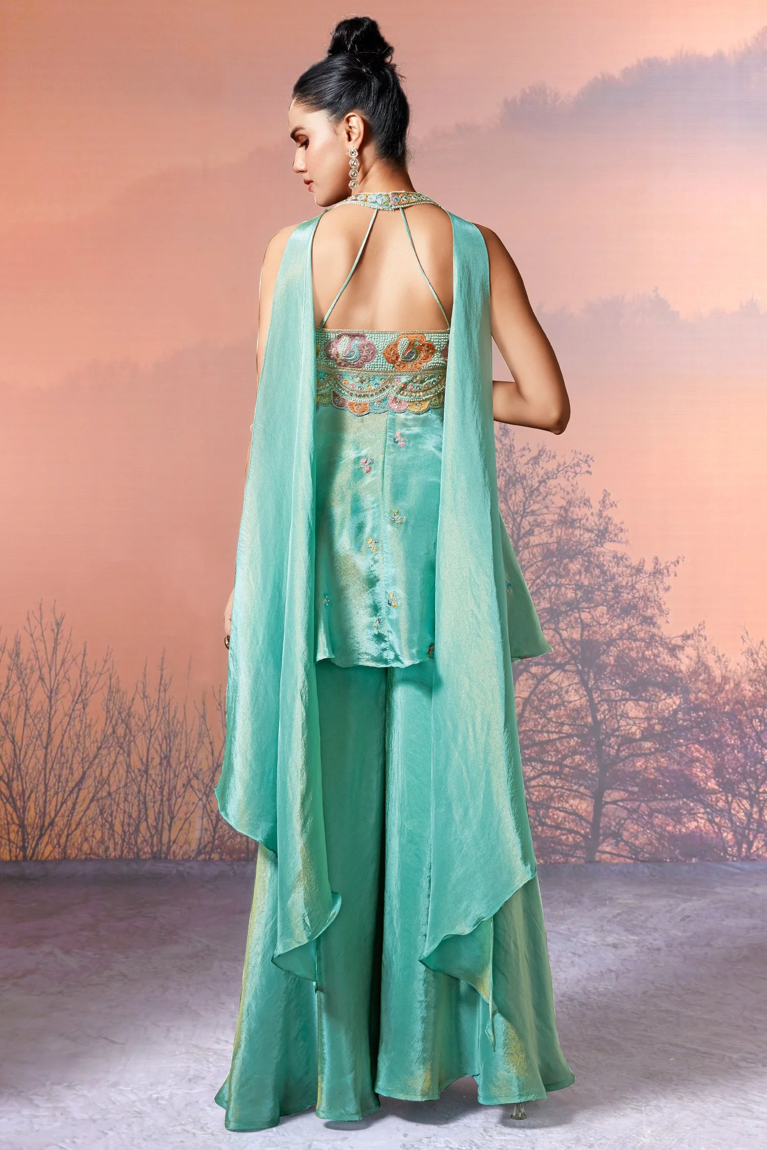 Sea Green Crepe Tissue Silk Halter Neck Embroidered Palazzo Suit - Image 4