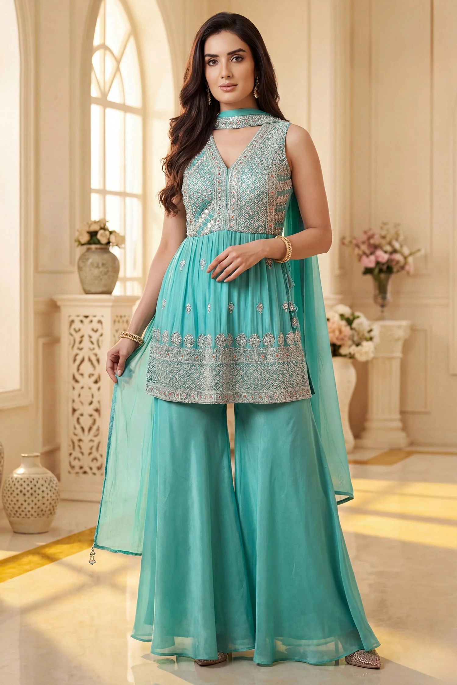Sea Green Glass Tissue Organza Embroidered Palazzo Suit - Image 3