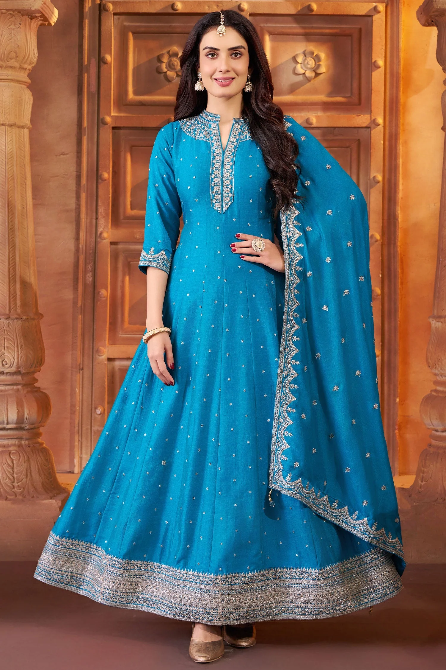 Sky Blue Art Silk Sequin Embroidery Worked Anarkali Suit - Image 3