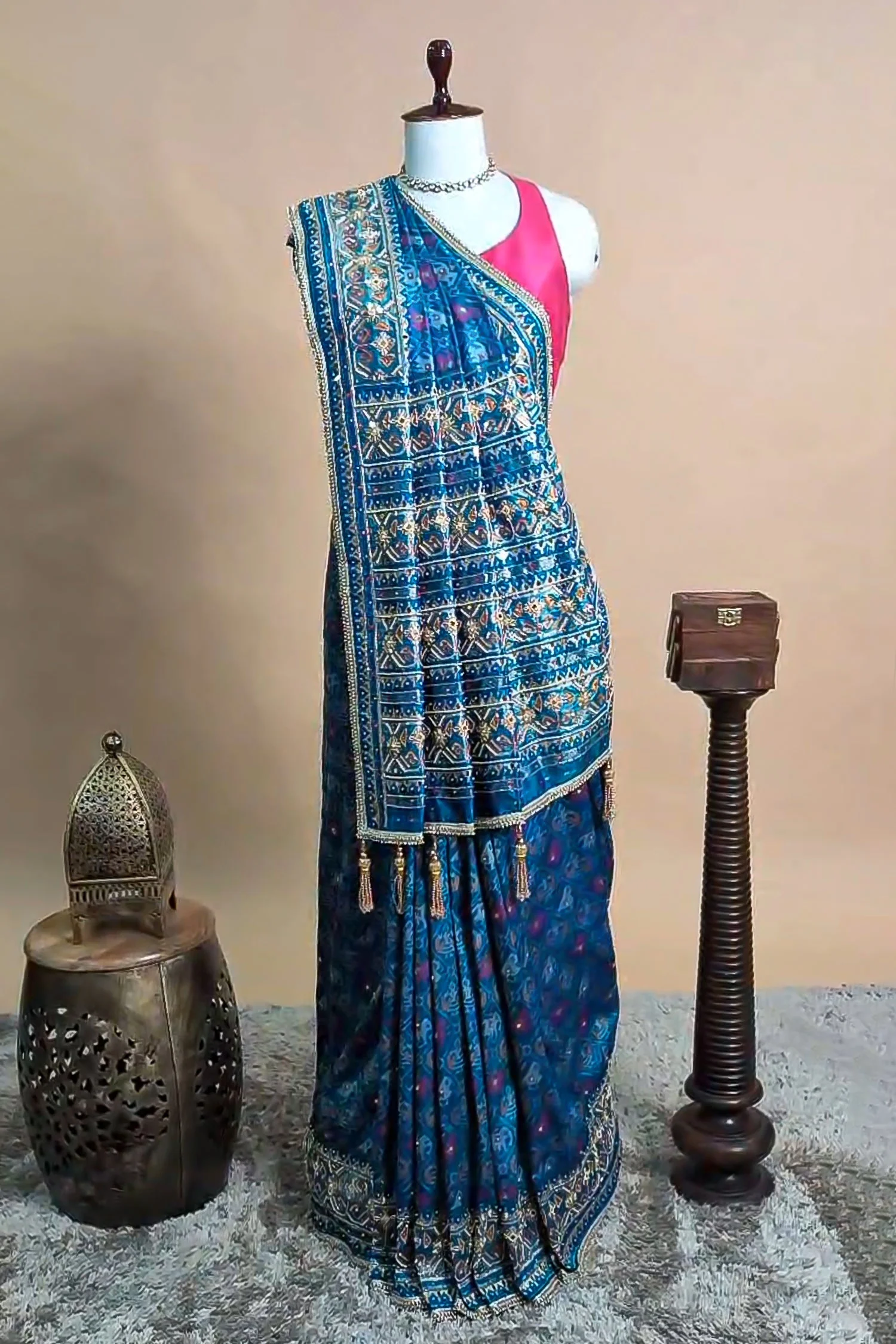 Sky Blue Silk Traditional Woven Patola Saree with Cutdana and Beads Work - Image 2