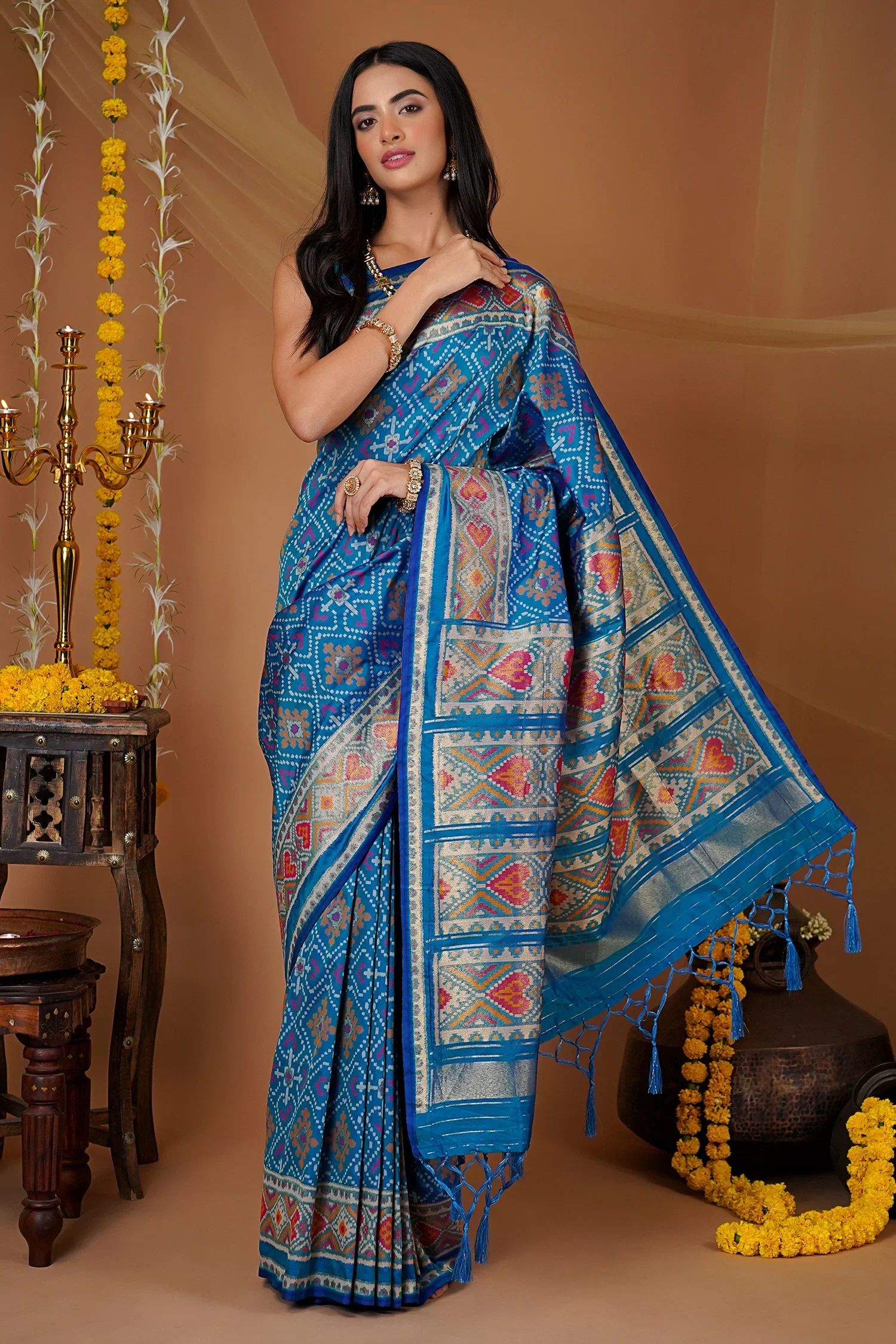 Sky Blue Traditional Patola Woven Saree in Silk - Image 2