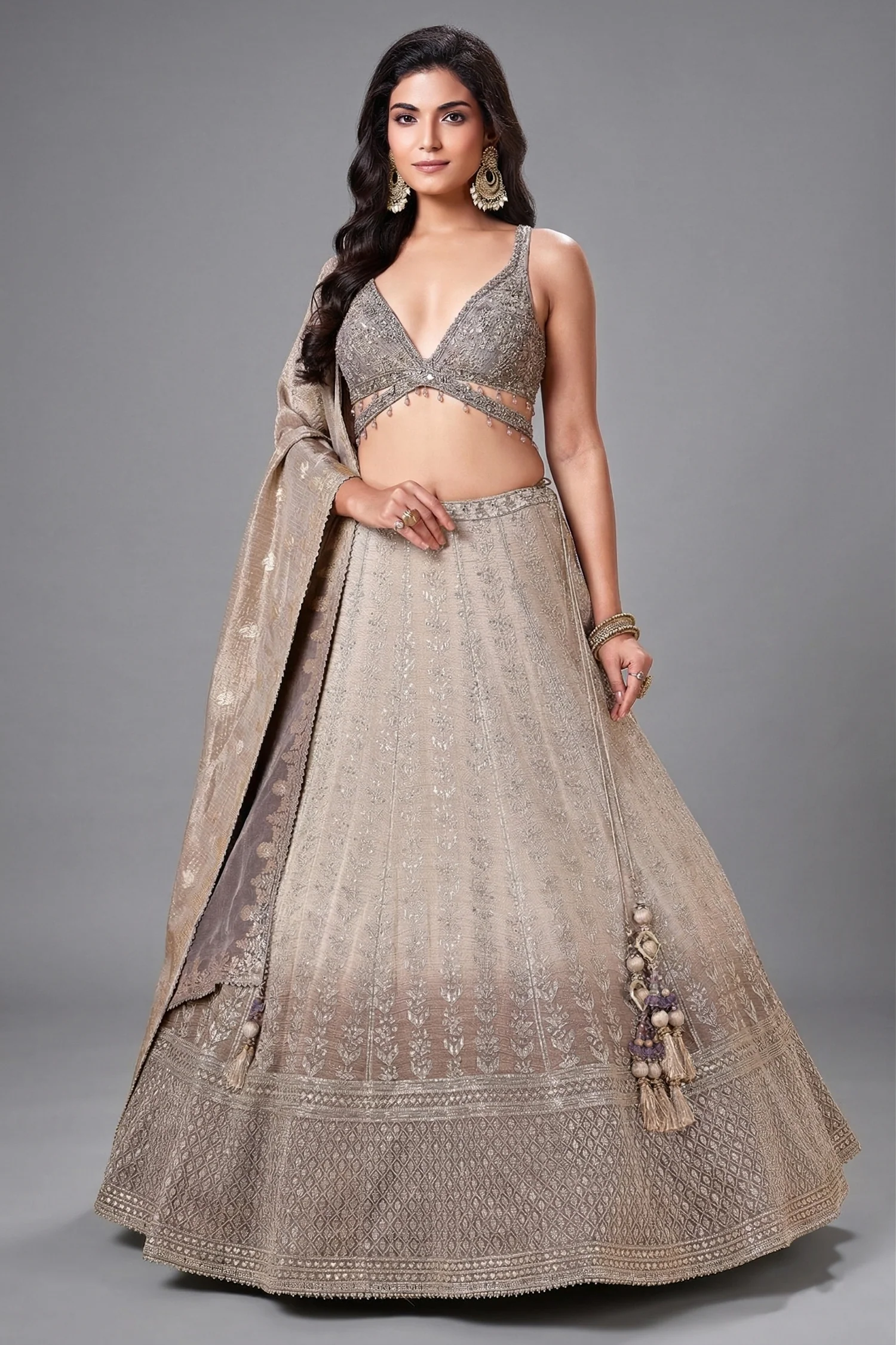 Taupe and Brown Tissue All Over Sequin Embroidered Lehenga with V Neck Crop Top
