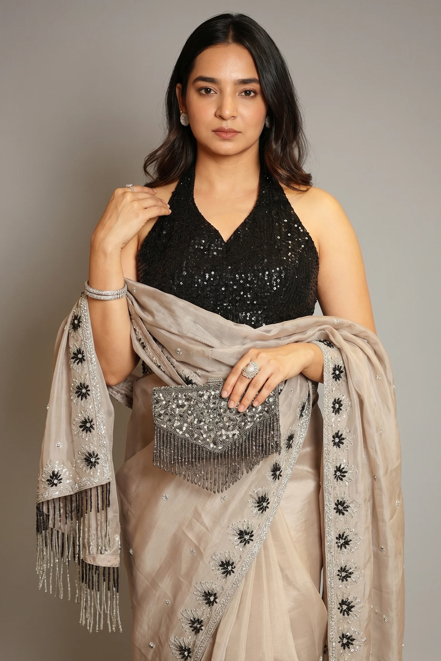 Taupe Organza Cutdana Beaded Saree with Heltar Neck Blouse - Image 2