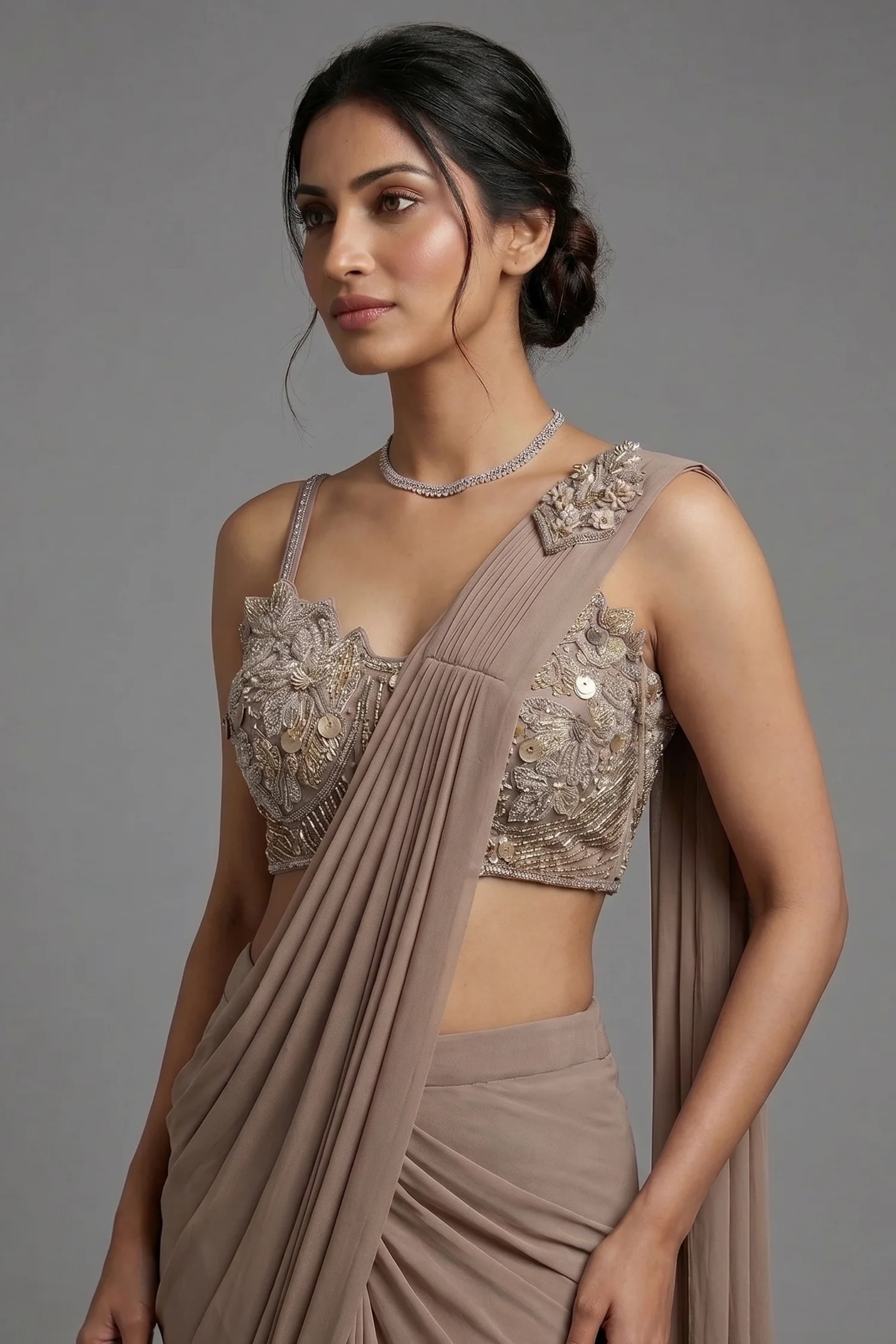 Taupe Pre-Draped Saree with Embellished Blouse - Image 2