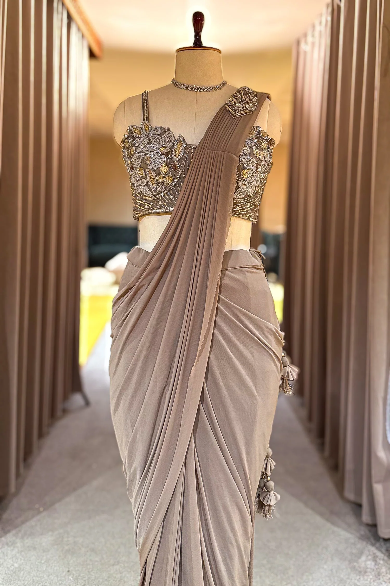 Taupe Pre-Draped Saree with Embellished Blouse - Image 3