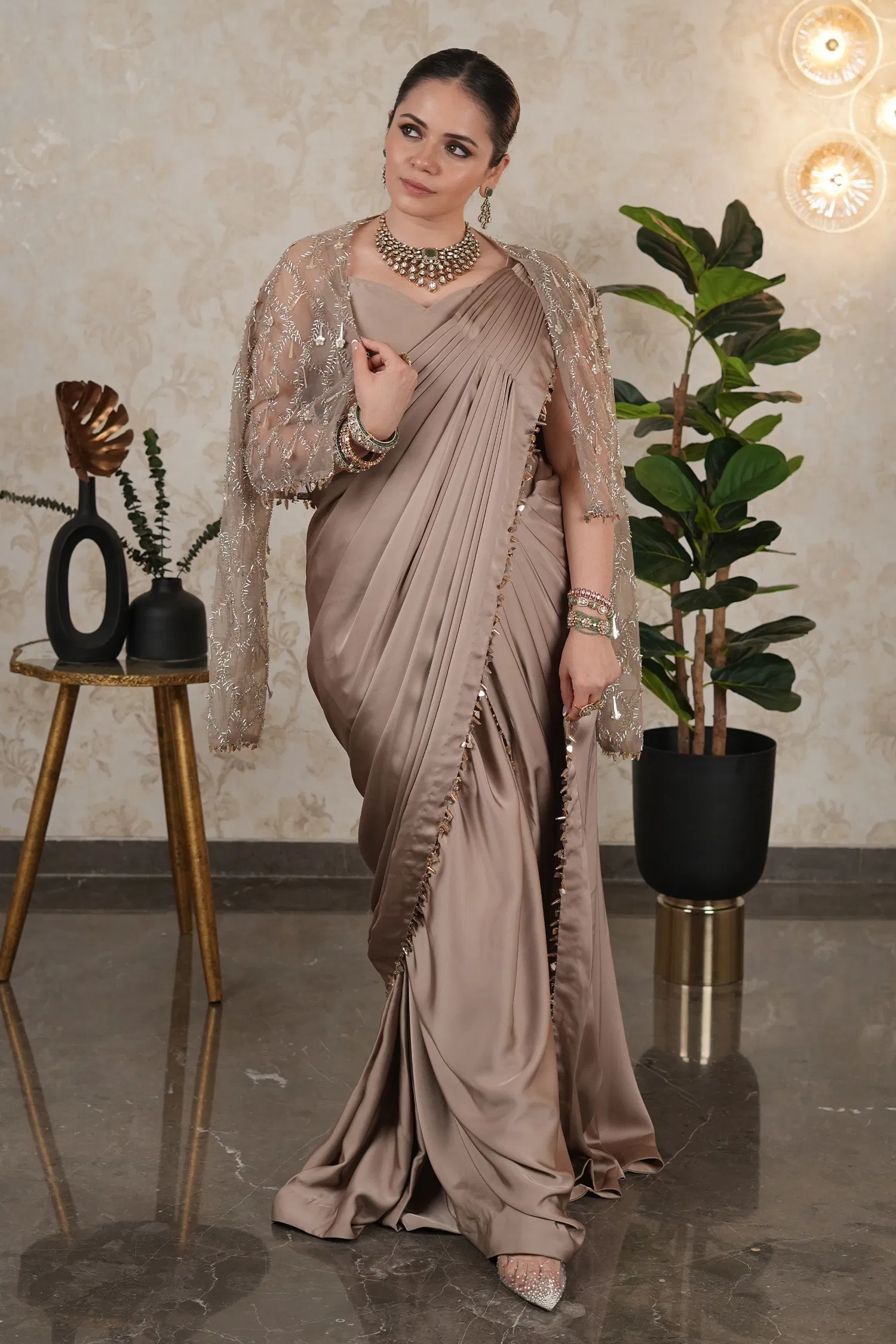 Taupe Satin Silk Pre Stitched Saree Featuring with a Narrow Embellished and Cutdana Short Cape Jacket - Image 2