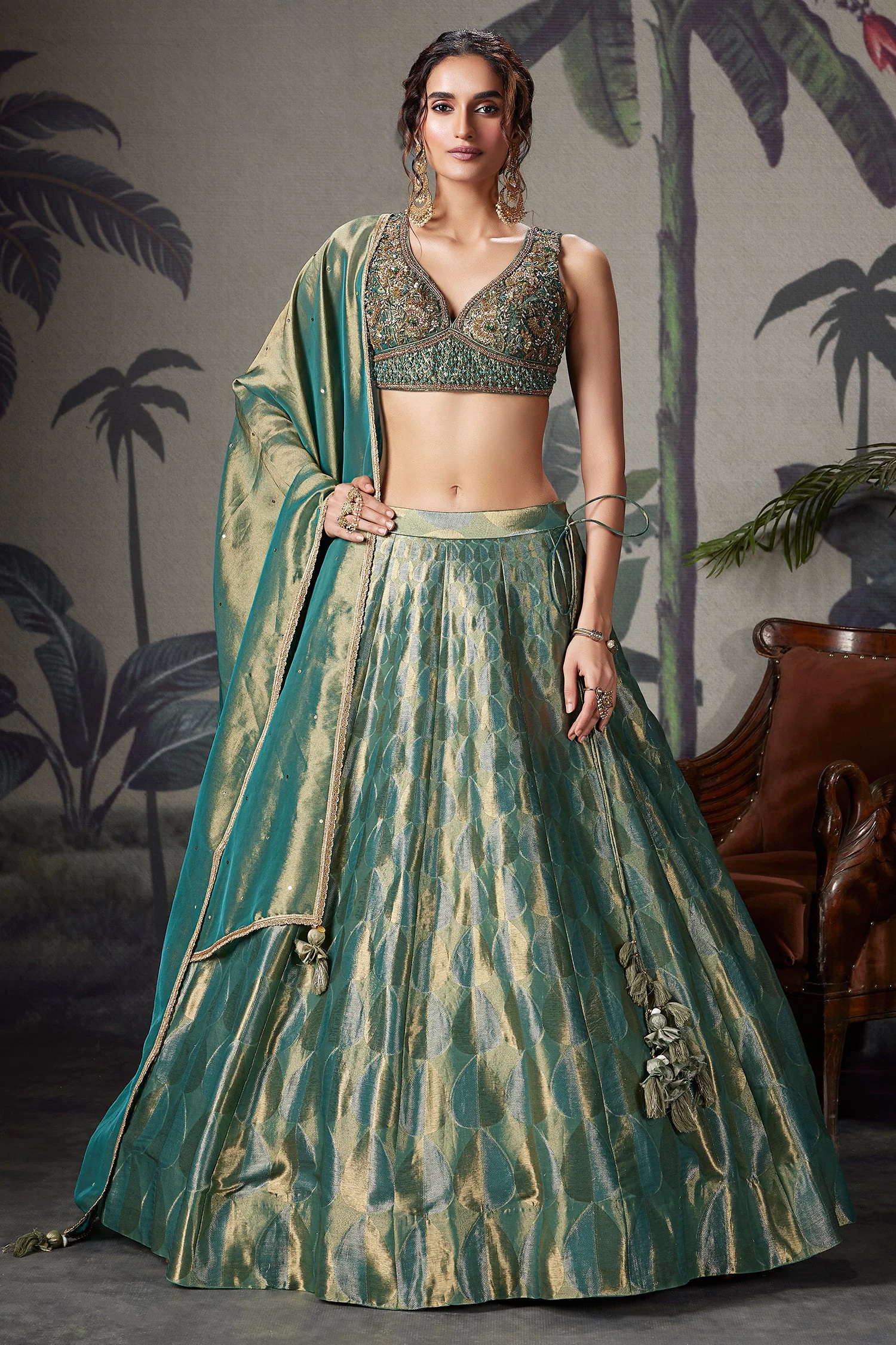 Teal Green and Golden Tissue Lehenga with Handworked Blouse - Image 3
