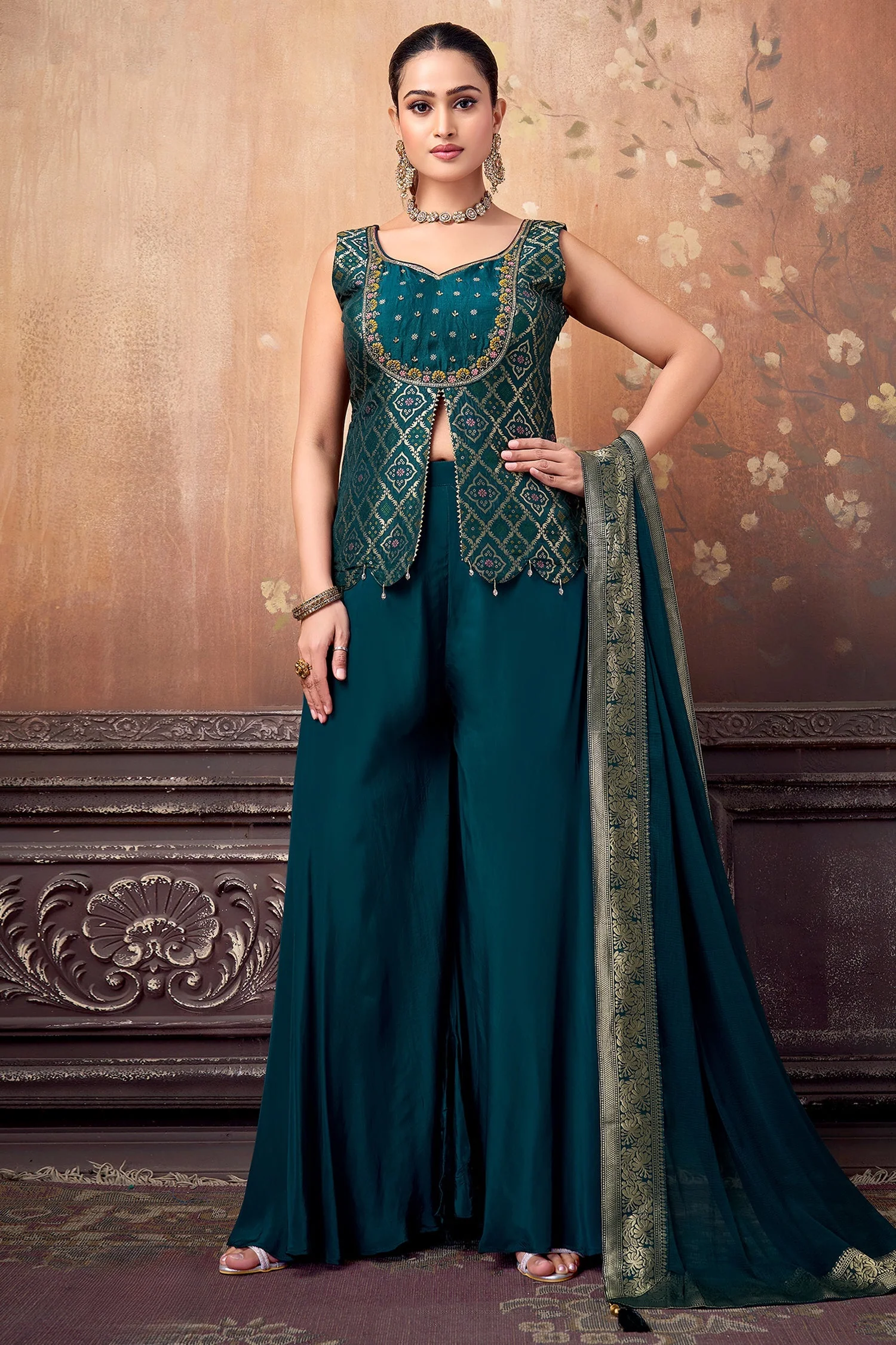 Teal Green Art Silk Woven Slit Cut Palazzo Suit - Image 2